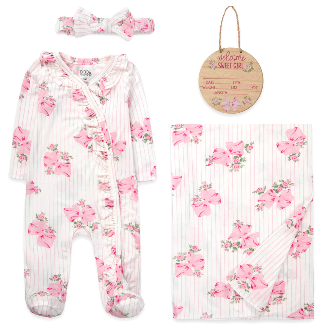 Newborn Baby 4 Piece Coming Home Outfit Gift Set – Footie Sleeper, Blanket, Headband & Ornament for Boys & Girls