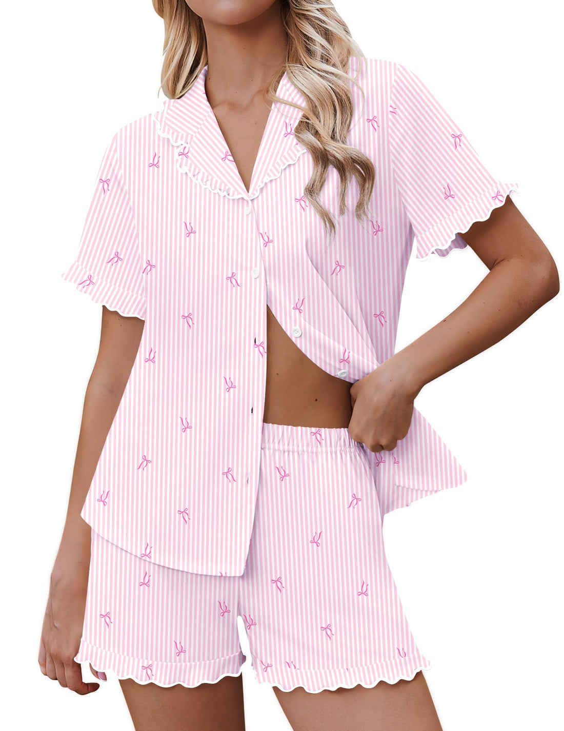 Ekouaer Pajamas for Women Sets Cute Pjs Button Down 2 Piece Short Sleeve Ruffle Lounge Set Sleepwear WEBE CLOTHING