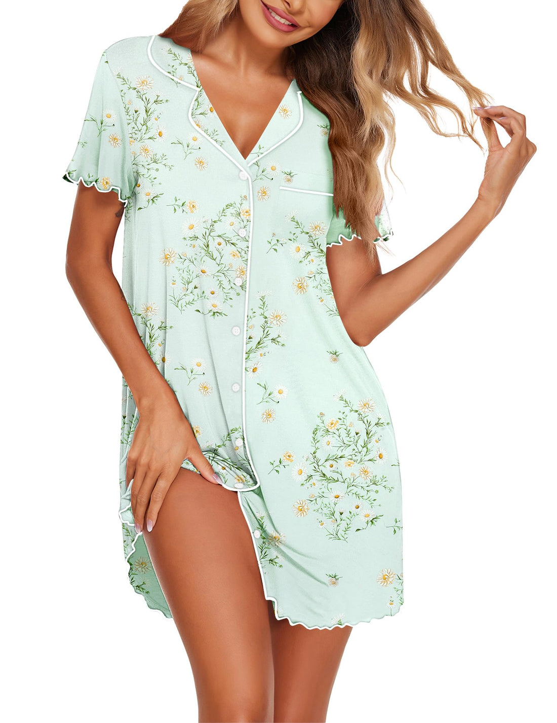 Ekouaer Nightgowns for Women Button Down Sleep Shirt Short Sleeve NightShirts Boyfriend Sleepdress Soft Pajama Dress