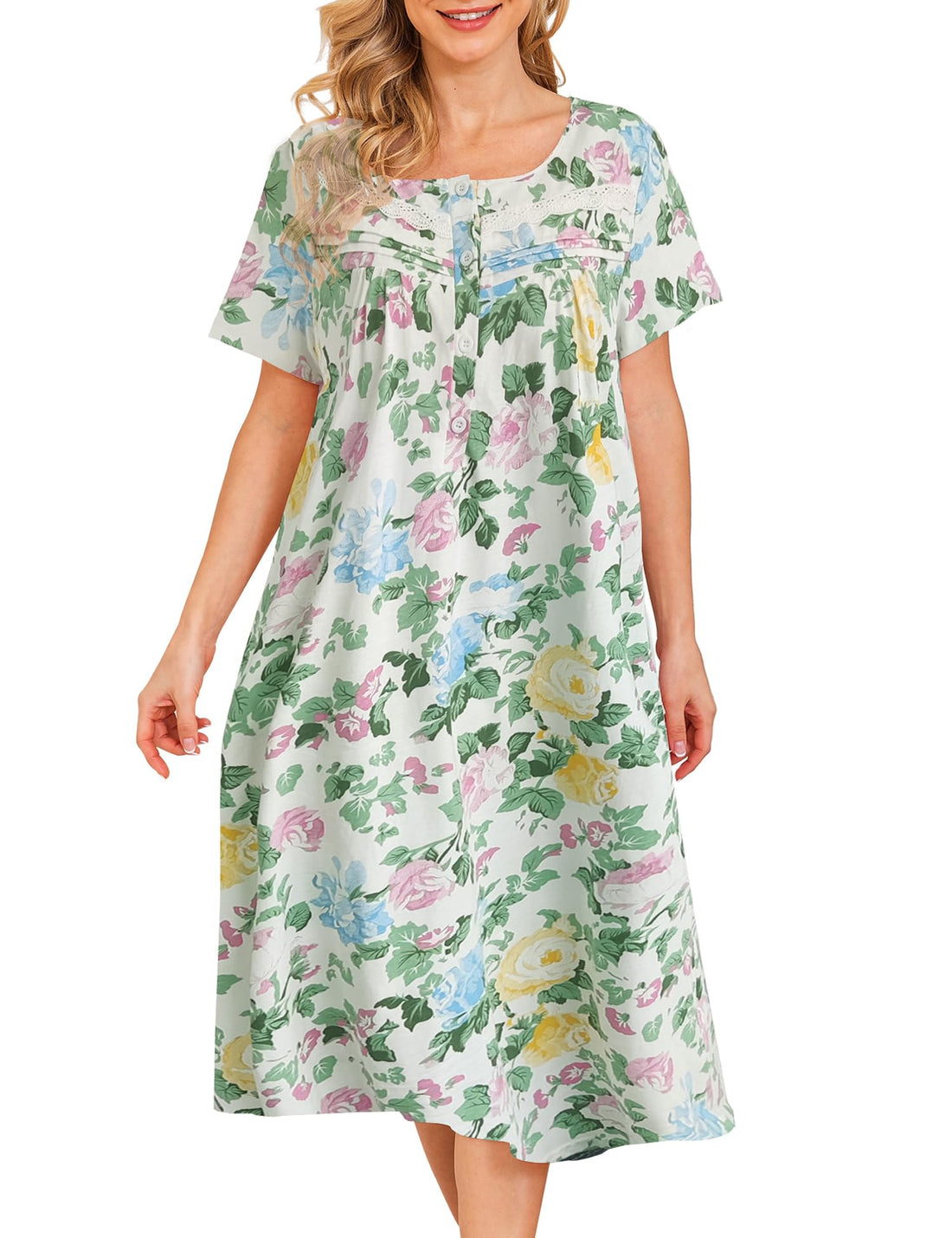 Bloggerlove Nightgowns for Women 100% Cotton Soft House Dress | 100 Full Cotton, Button Neck, Knee Length, Lace Trim Floral, Breathable, Skin-frieend, Loose Fit, Comfy Sleepwear WEBE CLOTHING