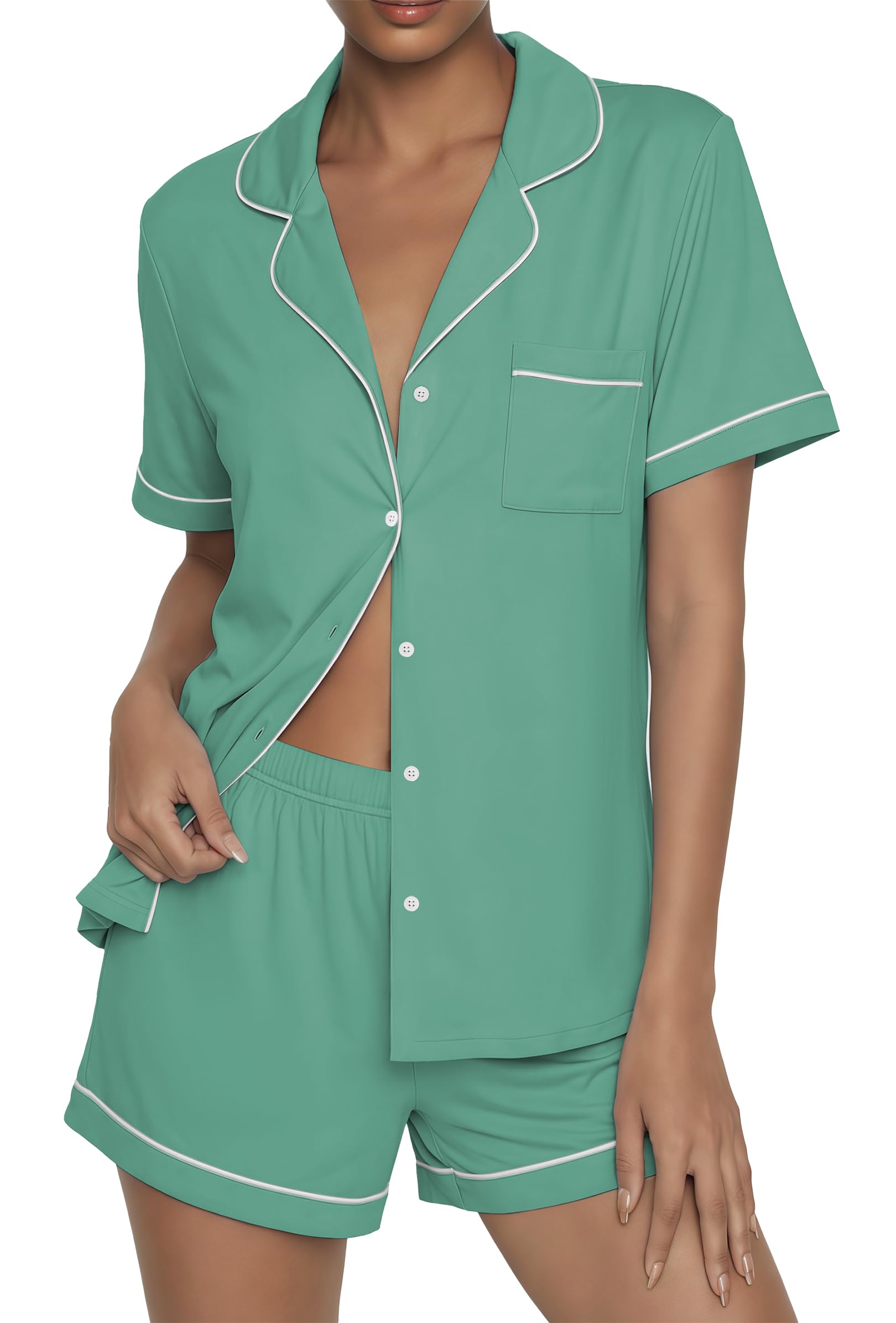 Ekouaer Womens Pajama Sets Button Up Summer Pjs 2 Piece Short Sleeve Sleepwear Lounge Set S-XXL