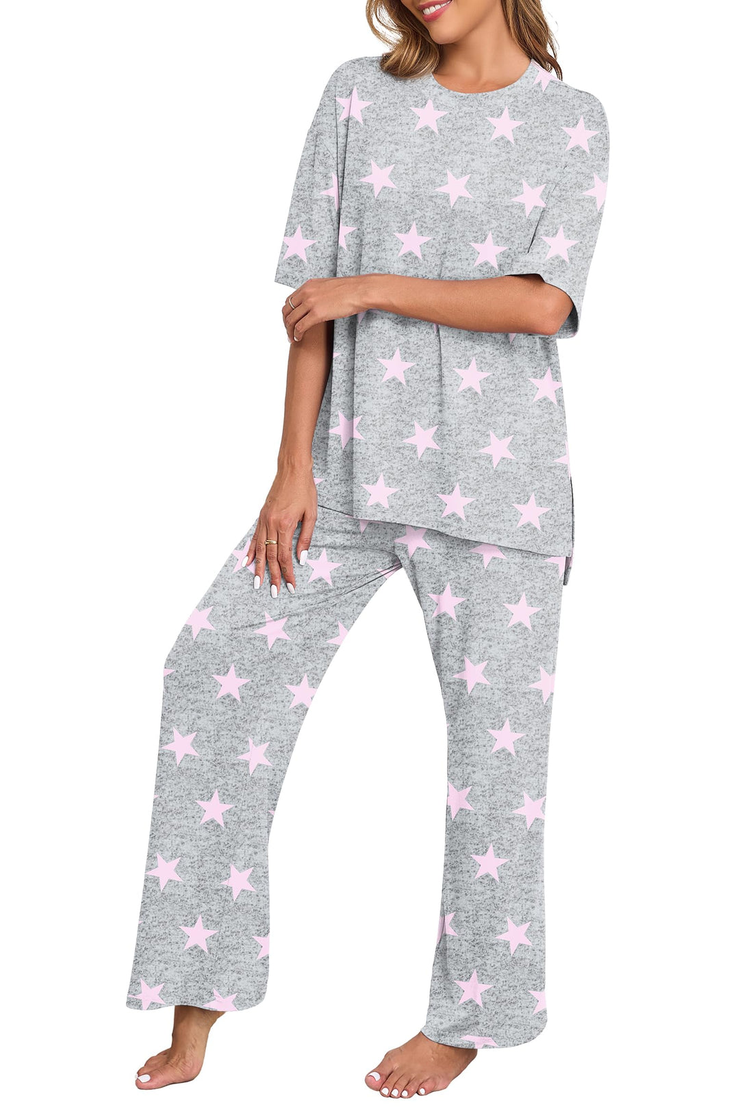 PrinStory Womens Pajamas Sets 2 Piece Lounge Set Short Sleeve Tops and Long Pants Soft Pjs Loungewear with Pockets