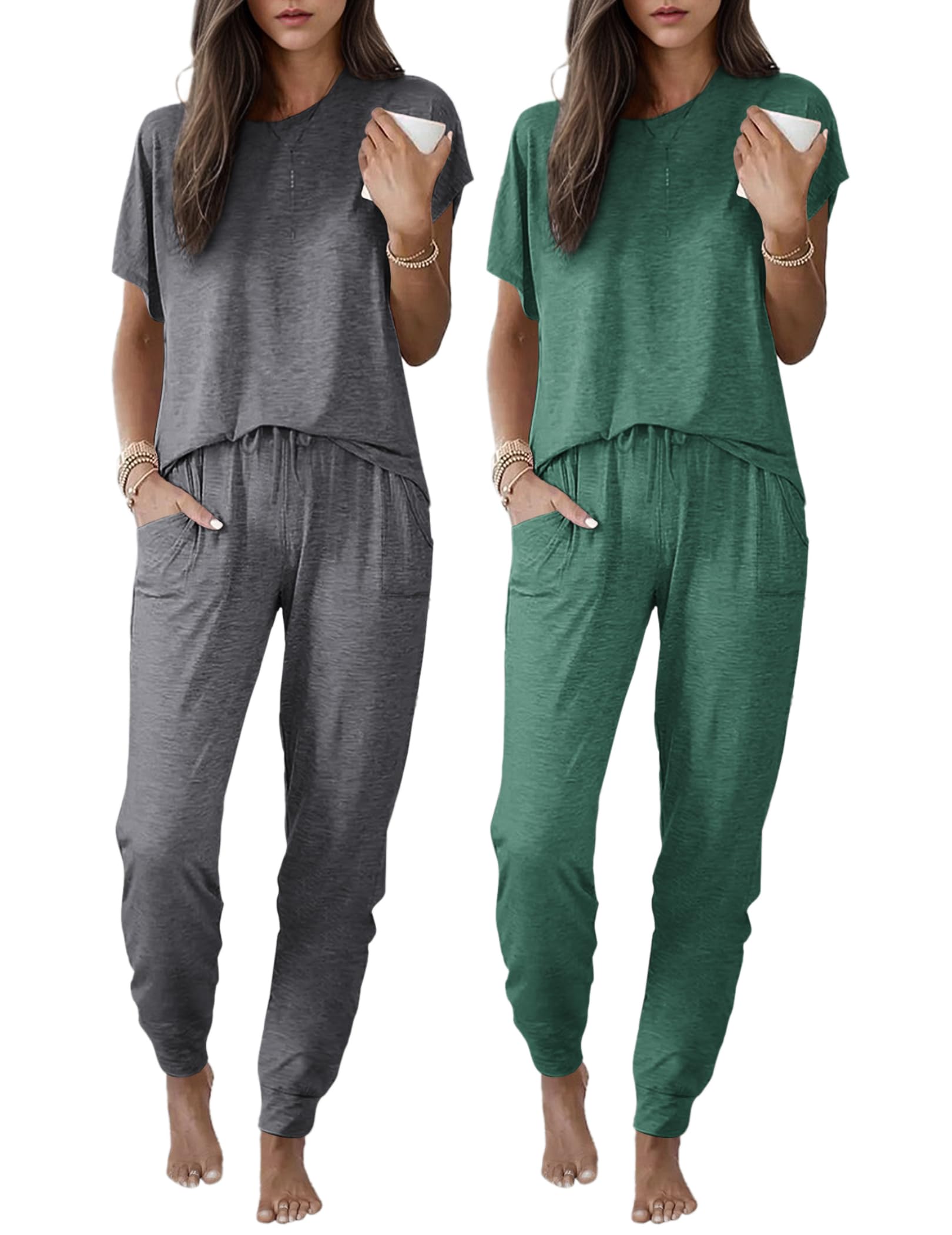 Ekouaer 2 pack Pajama Sets for Womens Jogger Pants Pjs Short Sleeves Lounge Set Soft Sleepwear with Pockets