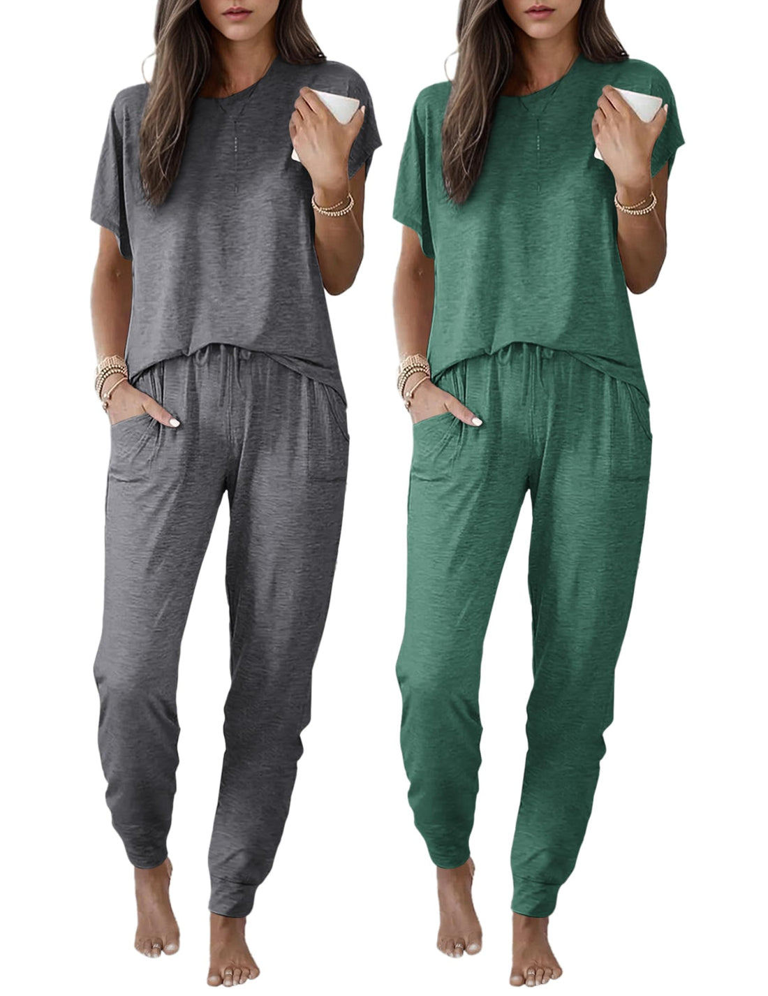 Ekouaer 2 pack Pajama Sets for Womens Jogger Pants Pjs Short Sleeves Lounge Set Soft Sleepwear with Pockets