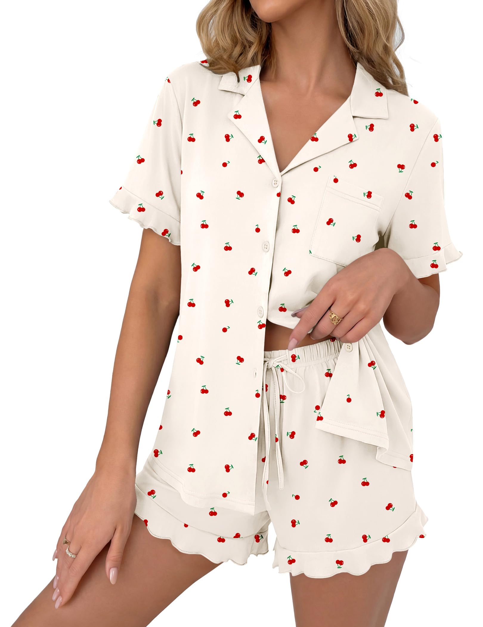 Ekouaer Pajamas Set for Women Button Down Pjs Lounge Sets Ruffle Short Sleeve Sleepwear Cute Loungewear