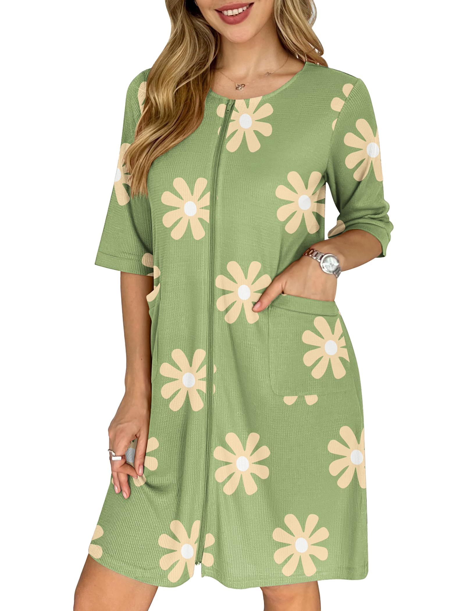 Ekouaer Zip Up Robes for Women Short Waffle Bathrobe Lightweight house coat 3/4 Sleeve Soft Nightgown with Pockets S-3XL WEBE CLOTHING