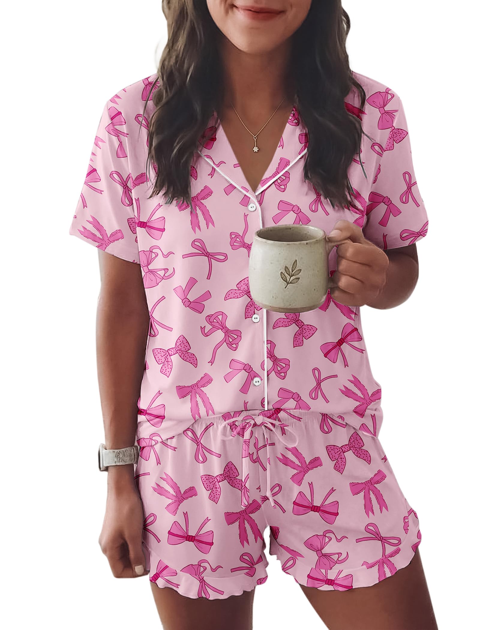 Ekouaer Womens Pajama Sets Button Down Short Sleeve Top and Shorts Cute Ruffled Pjs Sets Sleepwear