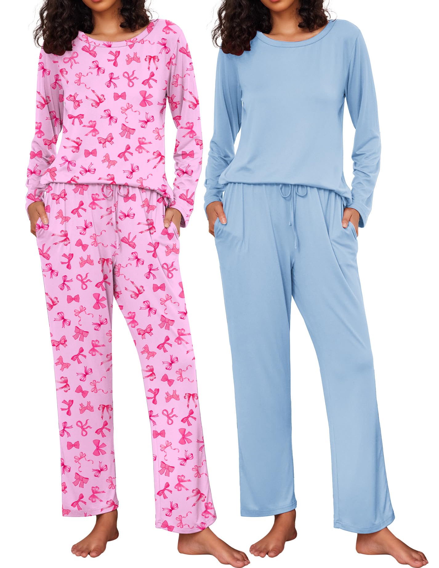 Ekouaer 2 Pack Womens Pajama Sets Long Sleeve Pjs Lounge Set Soft Comfy Sleepwear Winter Loungewear