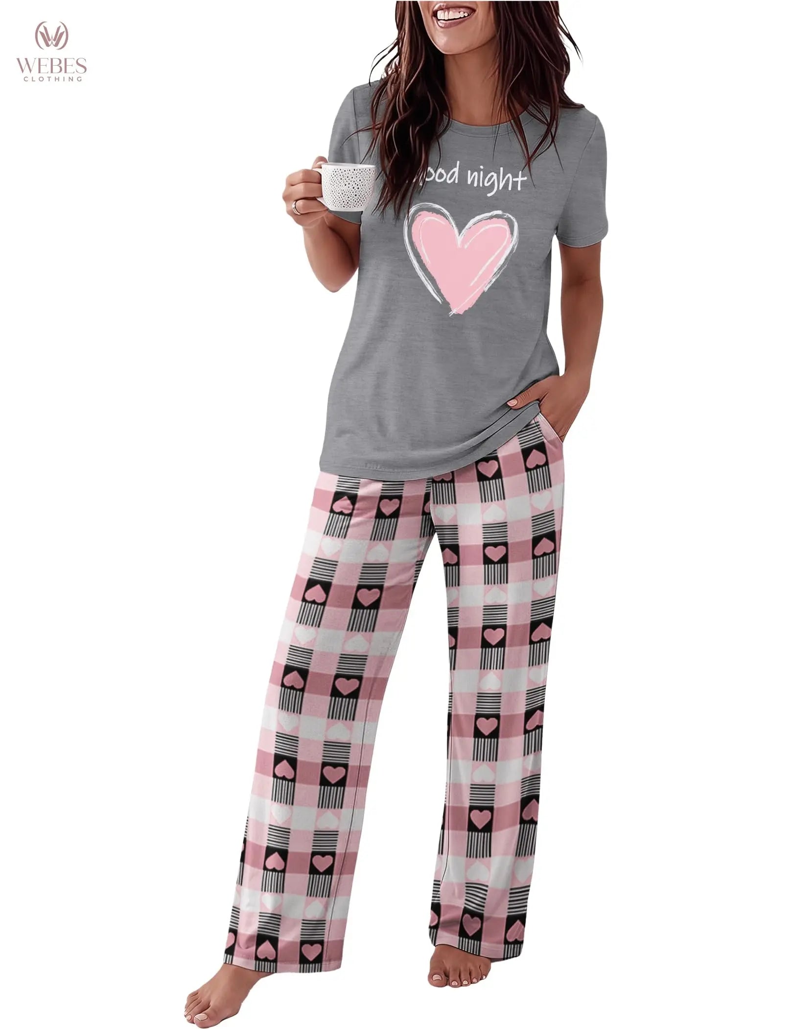 Ekouaer Pajama Set for Women 2 Piece Pjs Short Sleeve Top and Printed Pants | Womens Round Neck Lounge Sets Short Sleeve Sleepwear with Loose Pants for Daily Wear, Home Lounging, Casual Errands WEBE CLOTHING