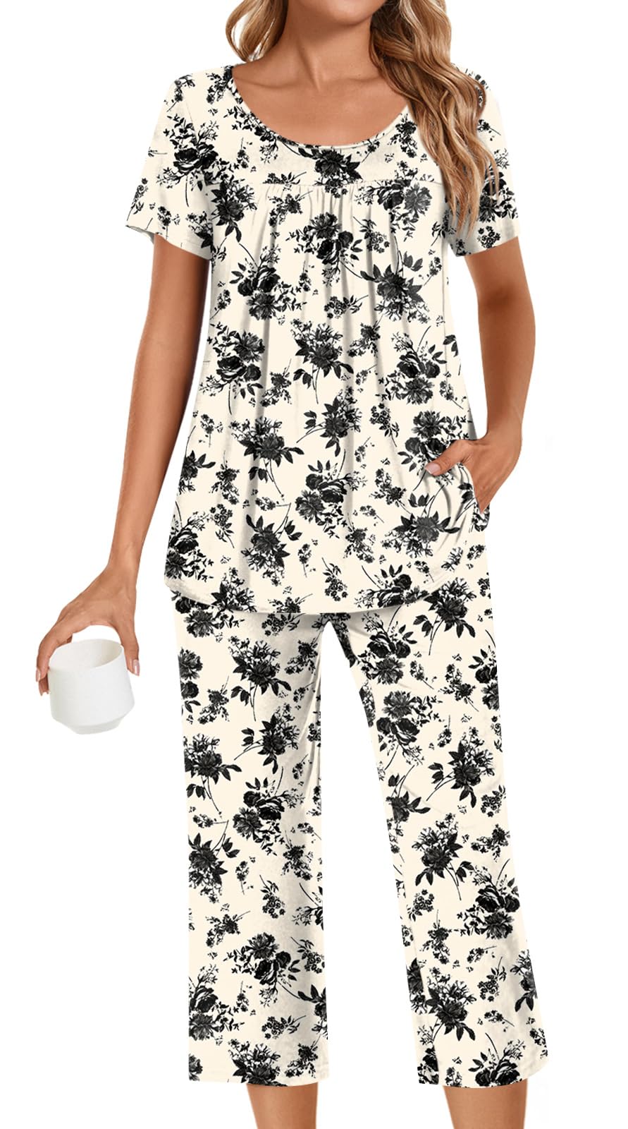 POPYOUNG Womens Pajama Sets Summer Ladies Pjs 2 Piece Loungewear Capri with Pockets Sleepwear