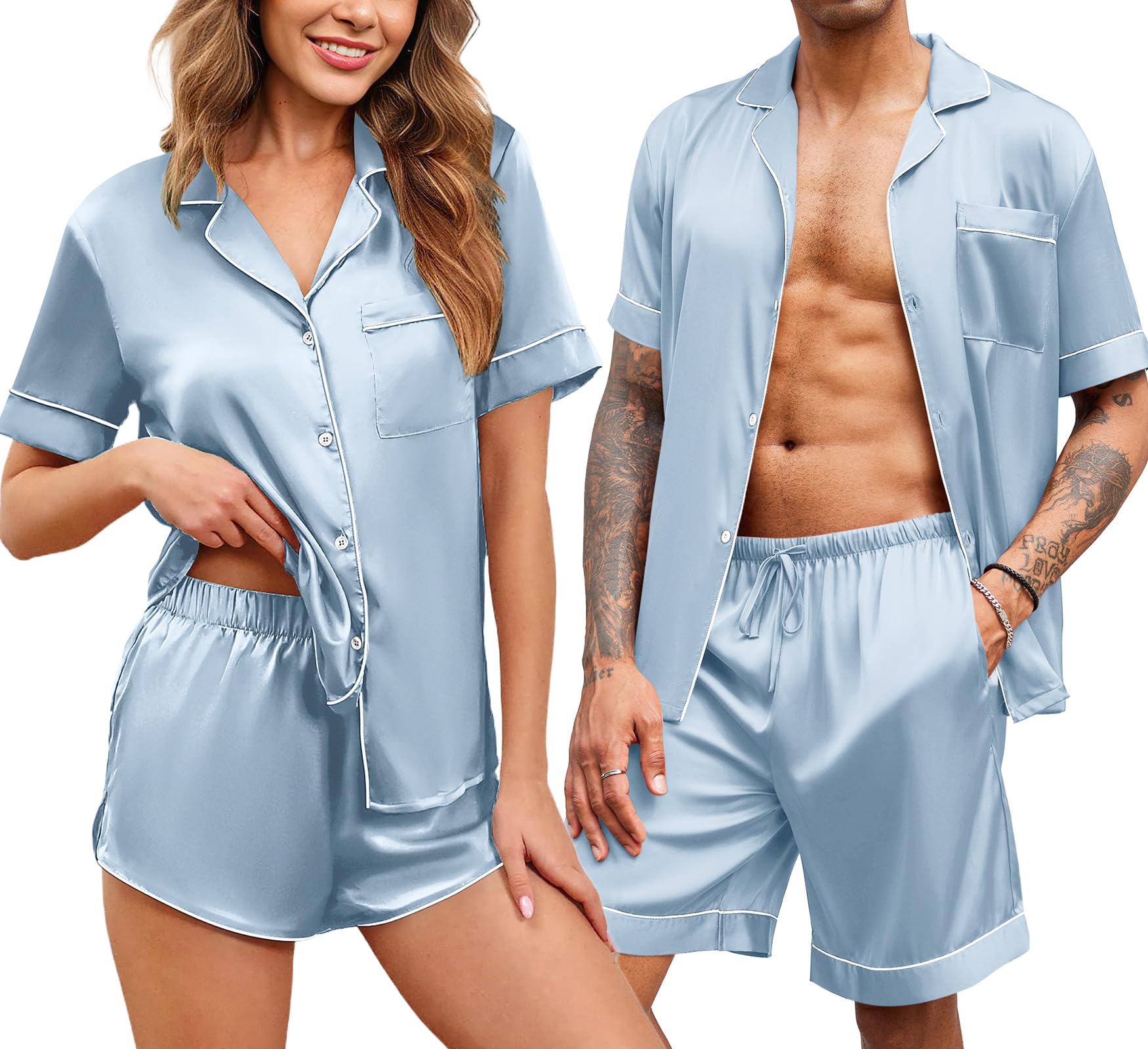 Ekouaer Silk Satin Matching Pajamas Sets Couple Button Down Nightwear Women & Men Short Sleeve Sleepwear 2 Pieces Loungewear