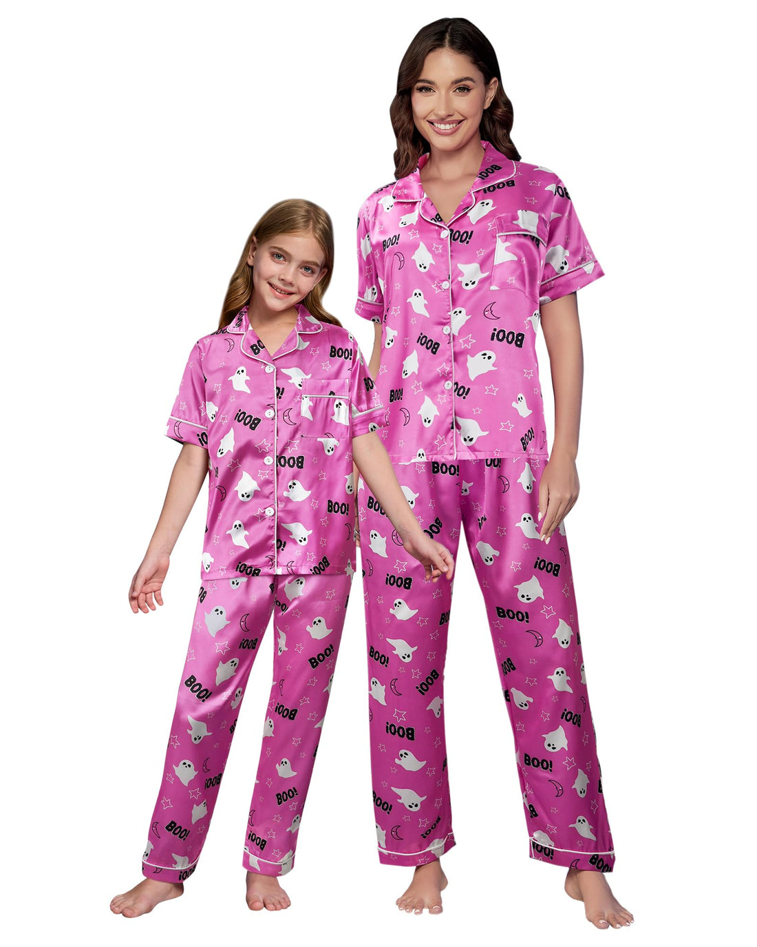 Mommy and Me Pajamas Mother Daughter Family Matching Sleepwear Button Down Silky Satin Nightwear