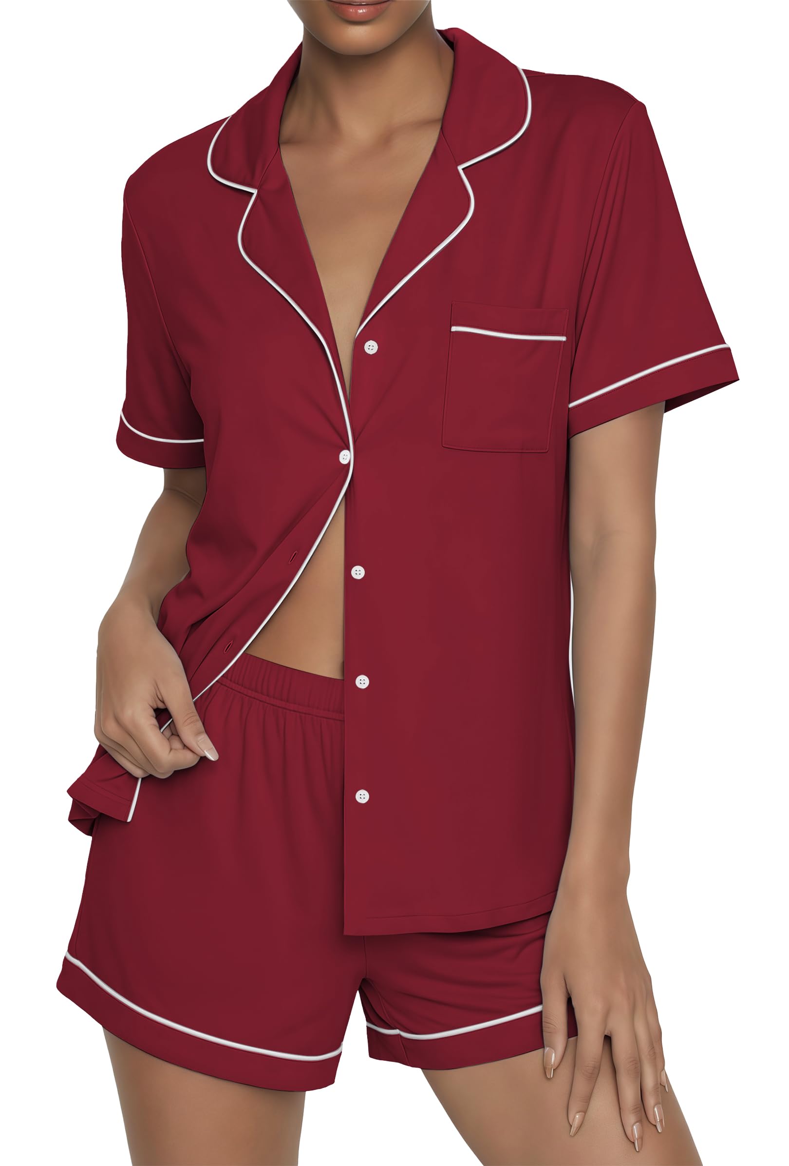 Ekouaer Womens Pajama Sets Button Up Summer Pjs 2 Piece Short Sleeve Sleepwear Lounge Set S-XXL