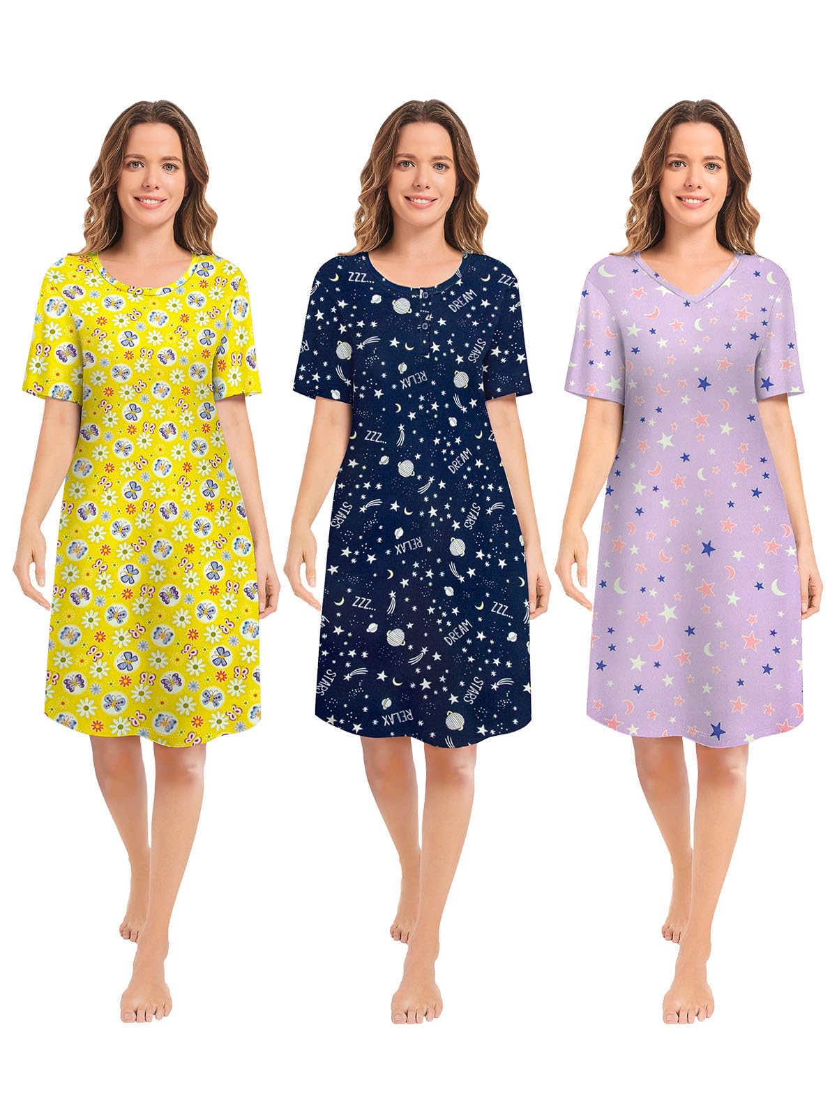 3 Pack Nightgowns for Women Short Sleeve Night Gown Soft Sleep Shirts Women's Sleepwear Print Sleep Dress WEBE CLOTHING