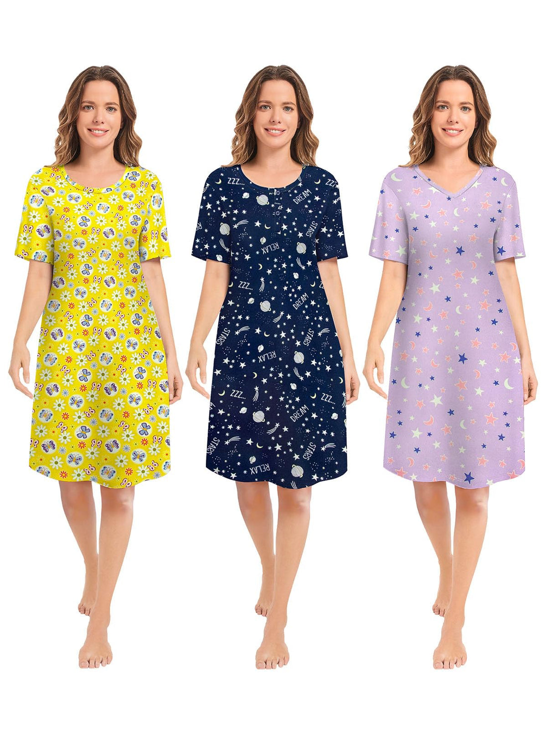 3 Pack Nightgowns for Women Short Sleeve Night Gown Soft Sleep Shirts Women's Sleepwear Print Sleep Dress WEBE CLOTHING