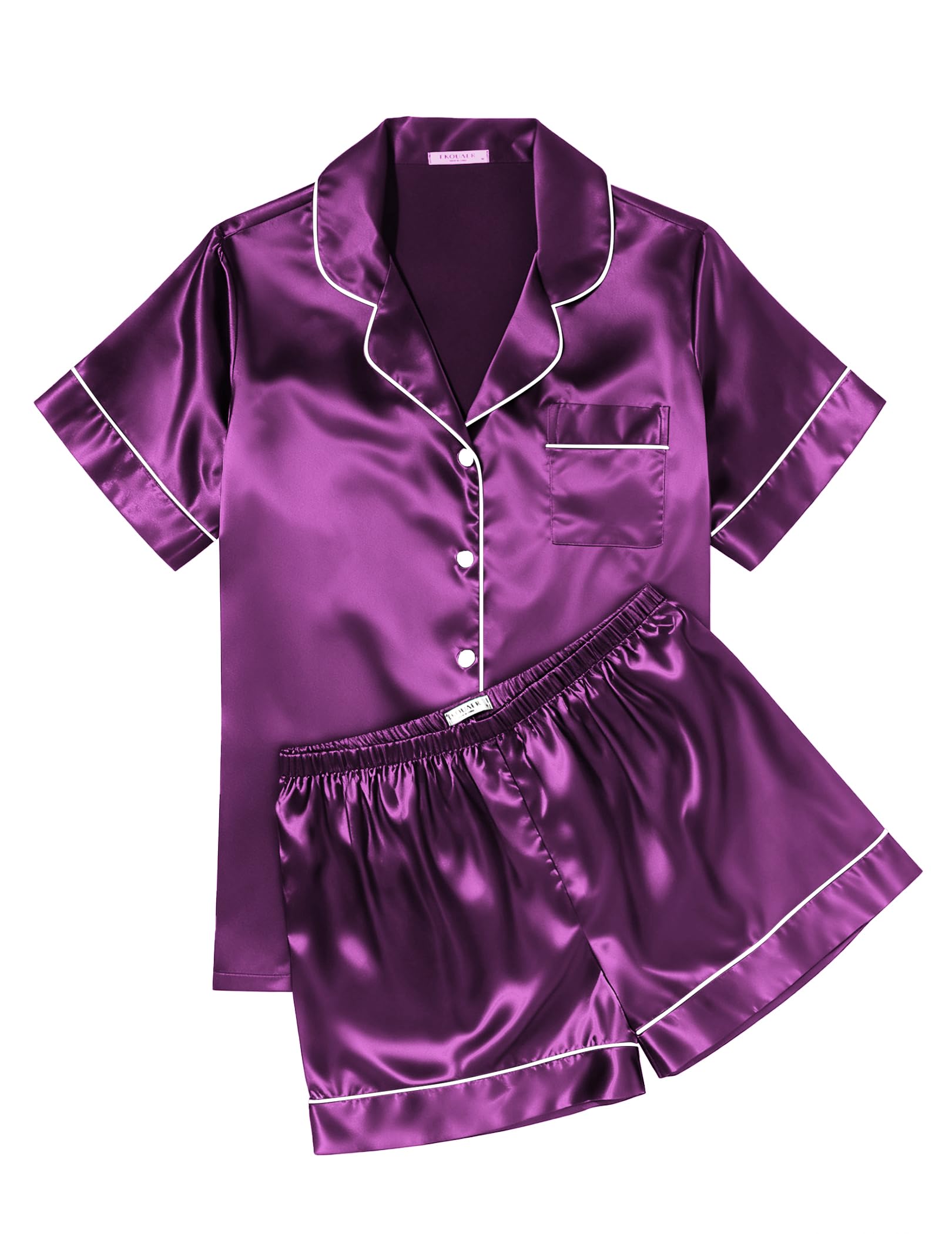 Ekouaer Womens Silk Satin Pajama Sets Soft Short Sleeve Button Down Sleepwear Top and Shorts 2 Piece Pjs Lounge Set