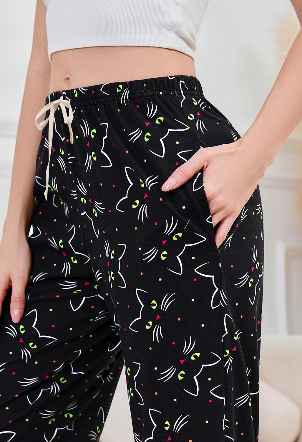 PNAEONG 3 Pack Women Pajama Pants Capri Length Drawstring Pj Bottoms Sleep Lounge Pants with Pockets S-3XL