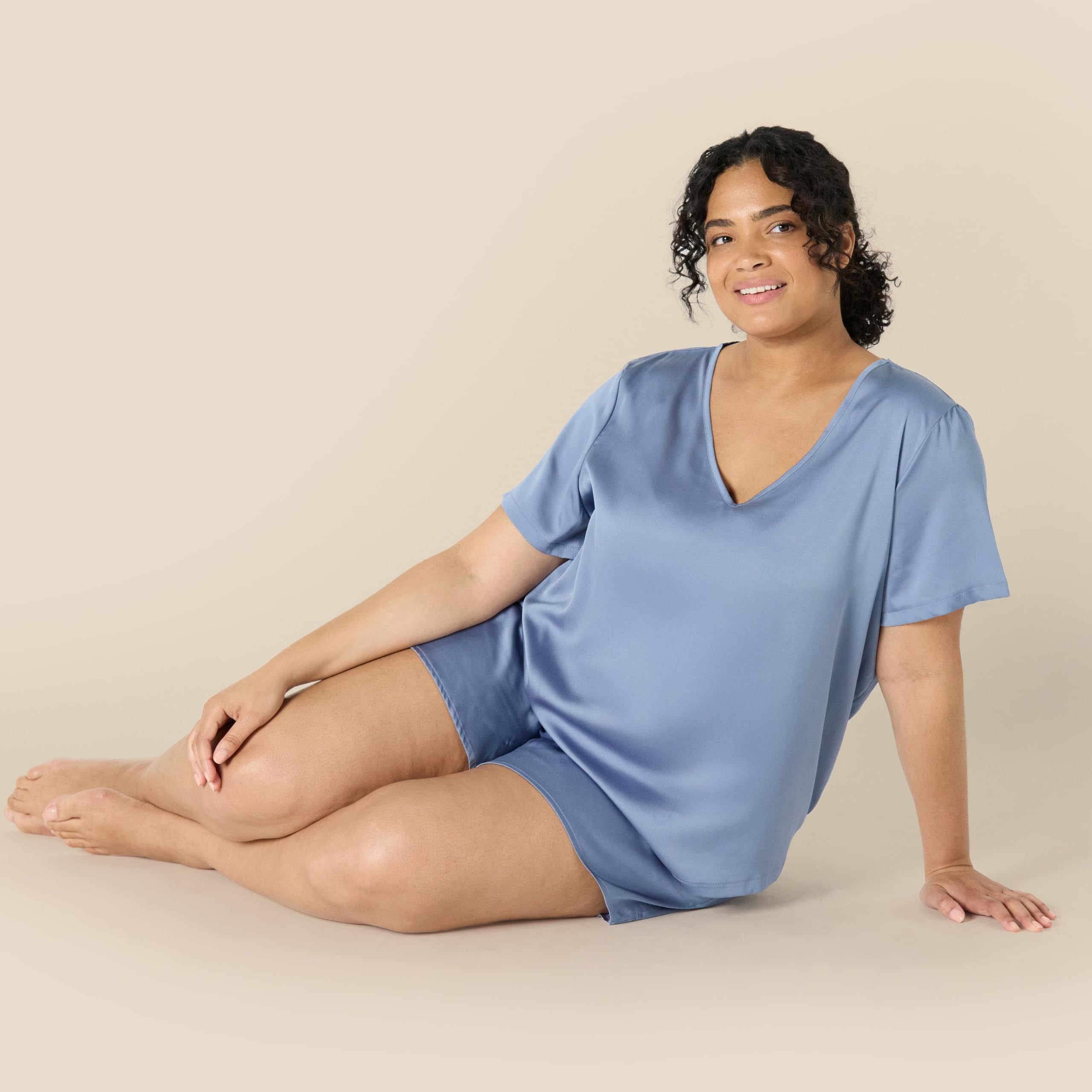 Amazon Essentials Women's Relaxed Fit Satin Short Sleeve V-Neck T-Shirt and Short Sleepwear Set