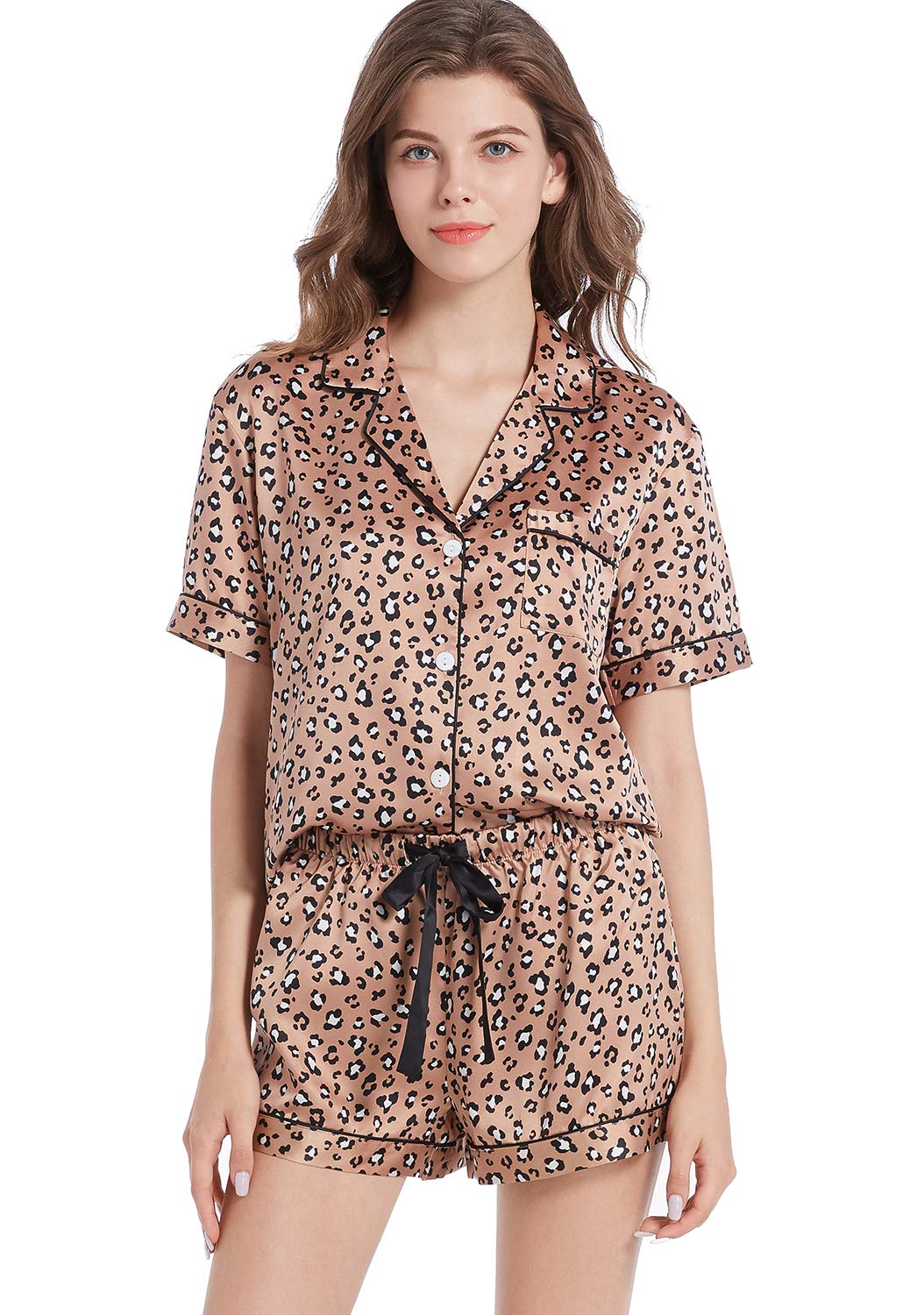 Serenedelicacy Women's Satin Pajama Set 2-Piece Sleepwear Loungewear Button Down Short Sleeve Silky PJ Set WEBE CLOTHING