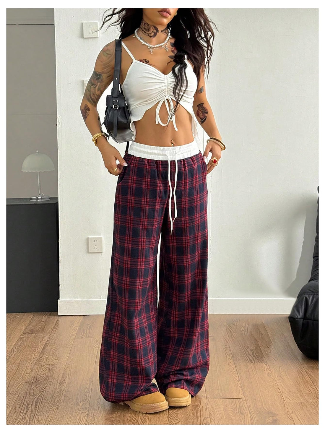 SOLY HUX Women's Plaid Checkered Pants Flannel Pajama Pants Lounge Wide Leg Baggy Sweatpants with Pockets