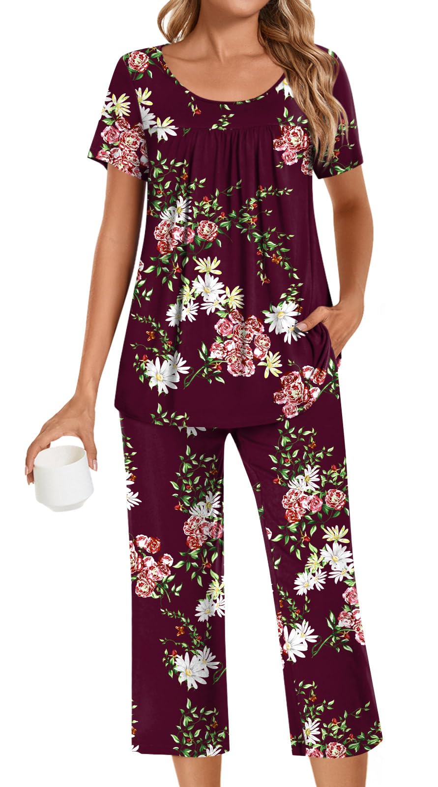 POPYOUNG Womens Pajama Sets Summer Ladies Pjs 2 Piece Loungewear Capri with Pockets Sleepwear