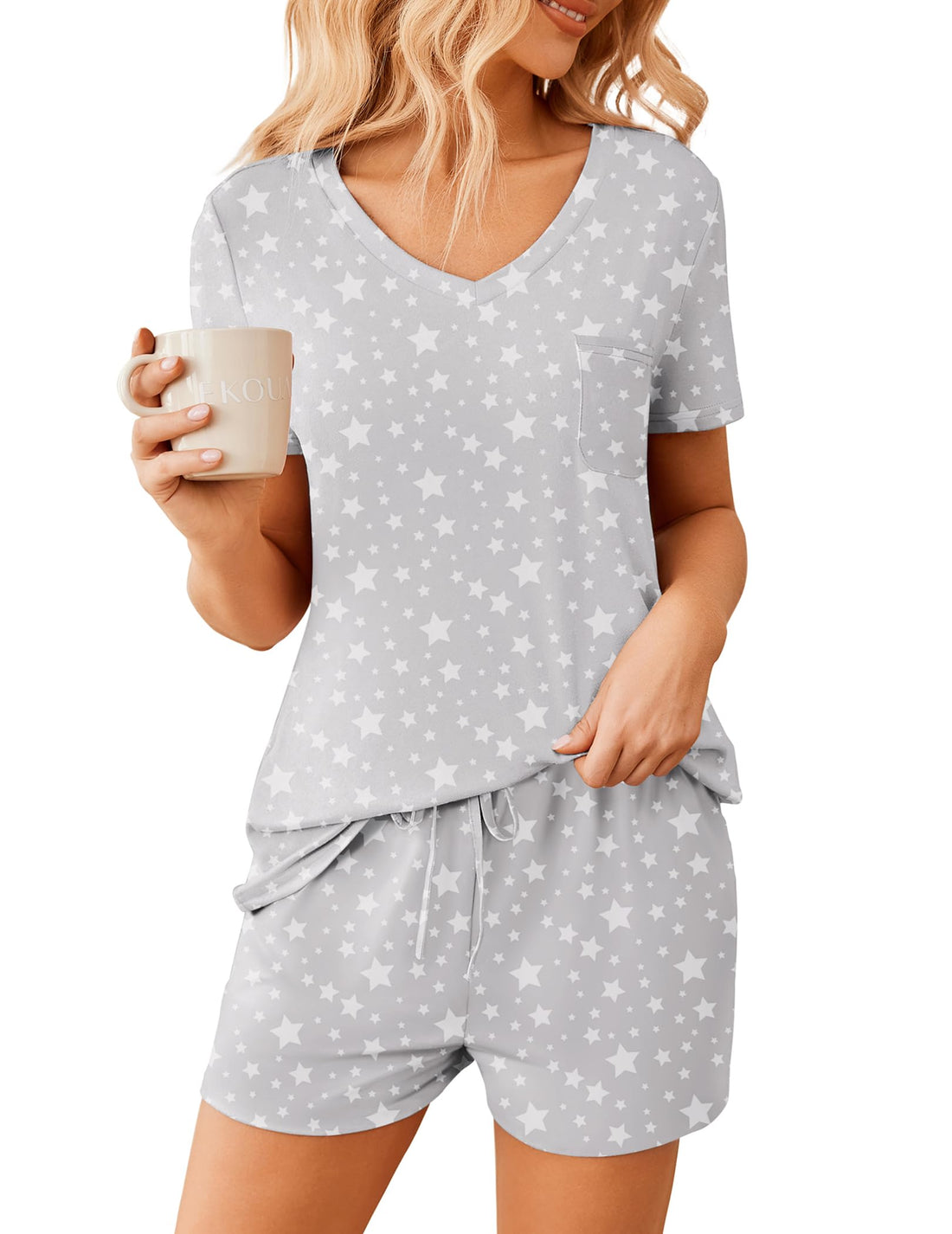 Ekouaer Womens Pajama Sets Short Sleeve Pajamas for Women Sets Soft Lounge Sets Casual V Neck Sleepwear PJS WEBE CLOTHING