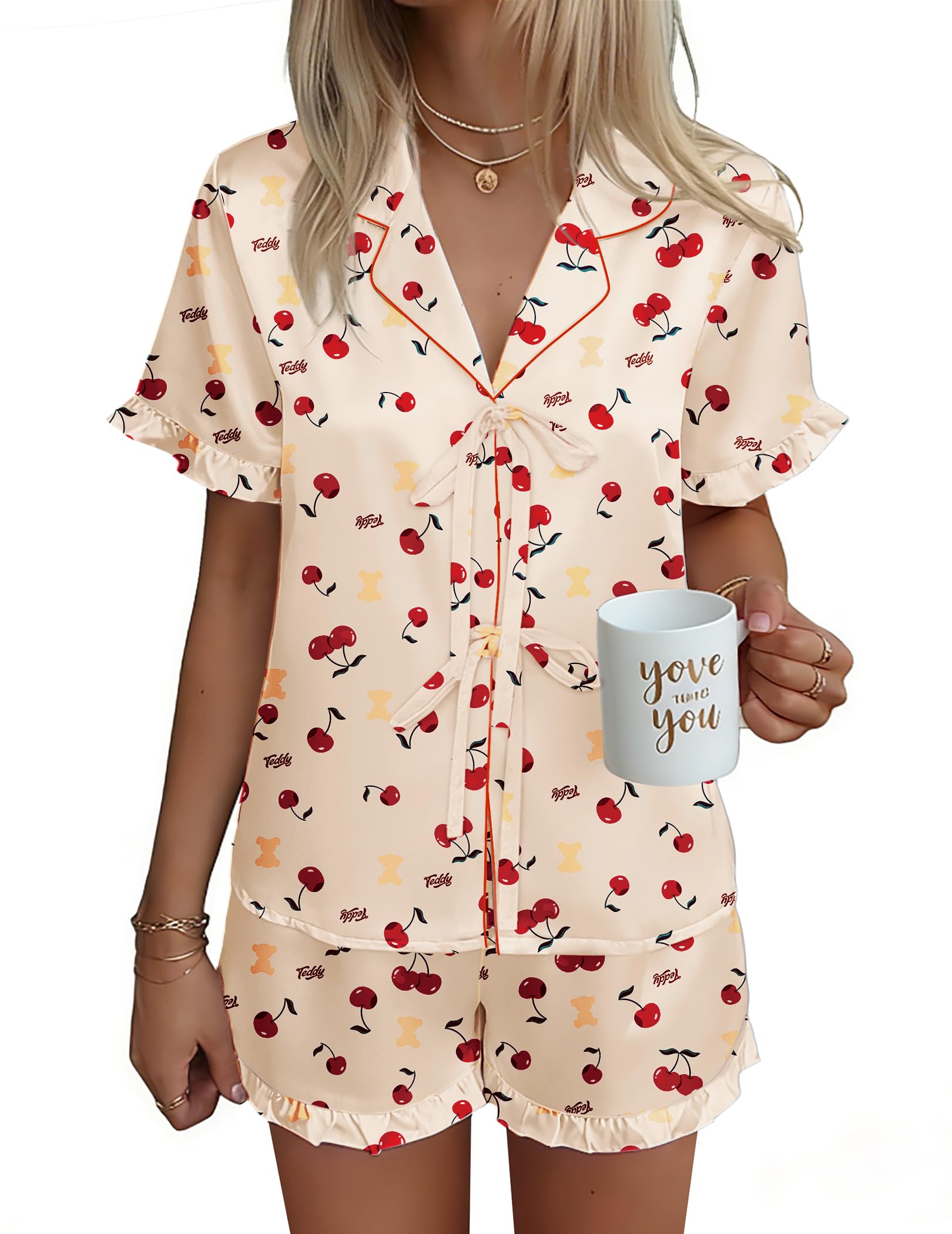 Ekouaer Satin Pajama for Women Short Sleeve Silky Pj Short Set Bow Front Tie Up Loungewear Sleepwear