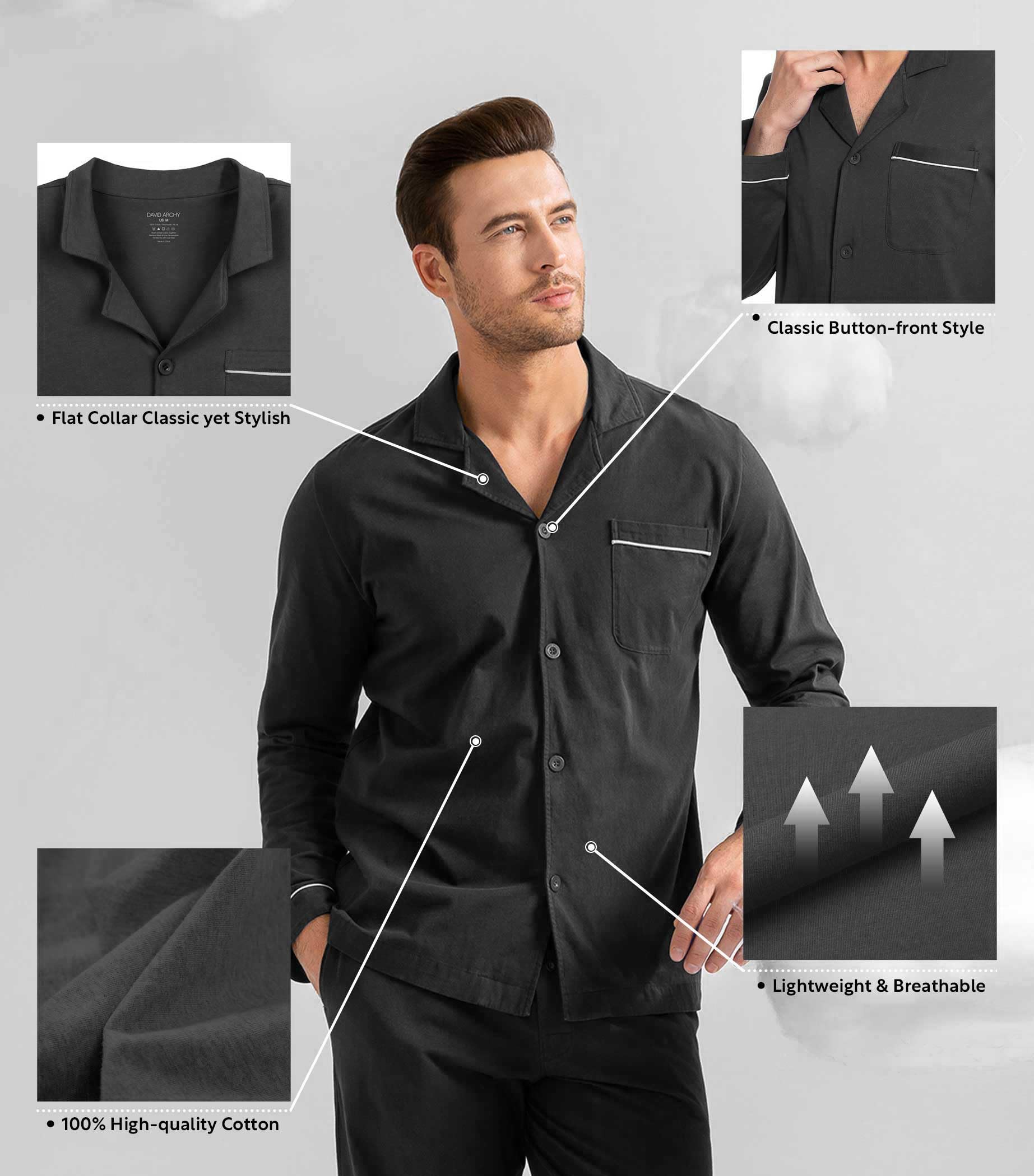 DAVID ARCHY Mens Pajamas Set Soft Cotton Notched Collar Pajamas for Men Long Sleeve Mens Sleepwear with Pockets & Front Fly WEBE CLOTHING