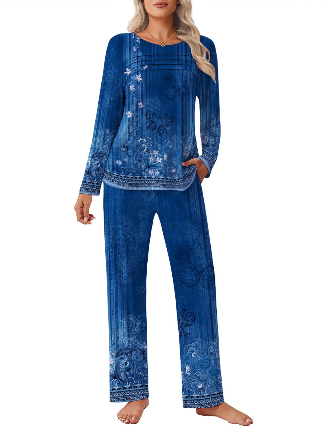 Ekouaer Womens Pajama Sets Pleated Tops with Long Pants Lounge Set Long Sleeve Fall Sleepwear Ladies Pjs S-XXL