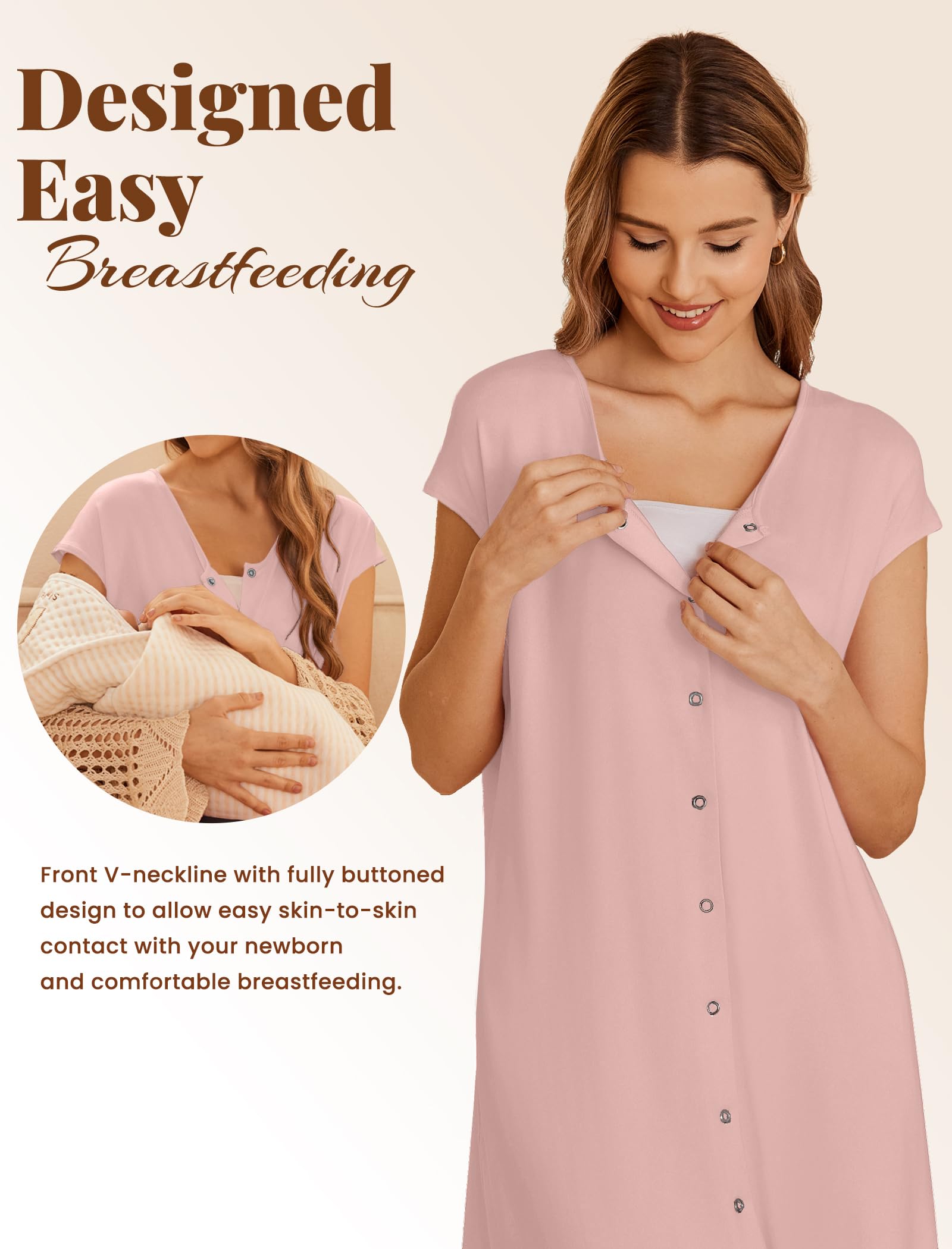 Ekouaer Labor and Delivery Gown for Hospital Birthing Gown Nursing Dress | Open Back Birthing Gown, Maternity Nursing Pajamas Dress Breastfeeding, Button C Section Postpartum Clothes