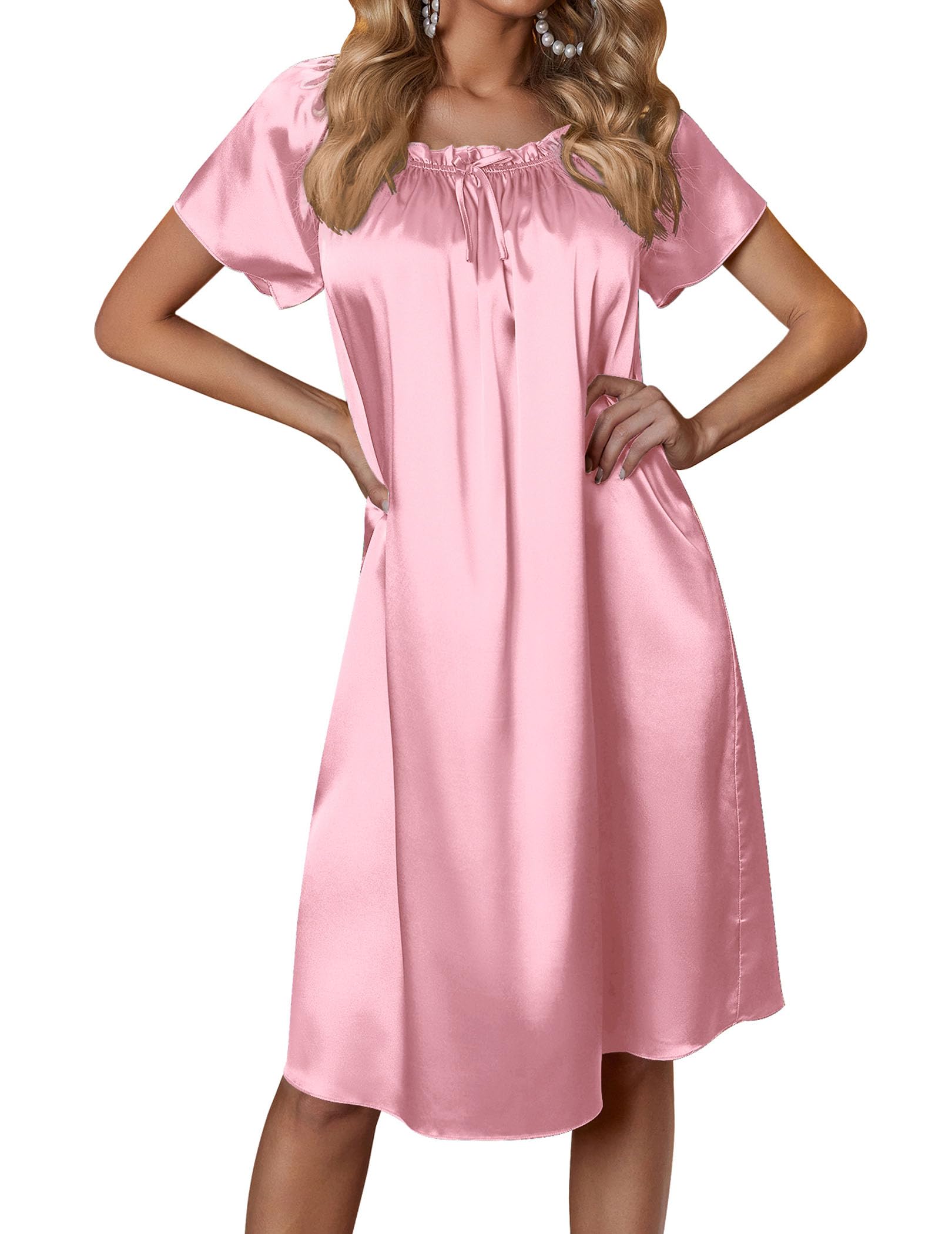 Ekouaer Women's Satin Silk Pleated Nightgown Loose Sleepwear Printed Nightshirt Short Sleeve Sleep Dress WEBE CLOTHING