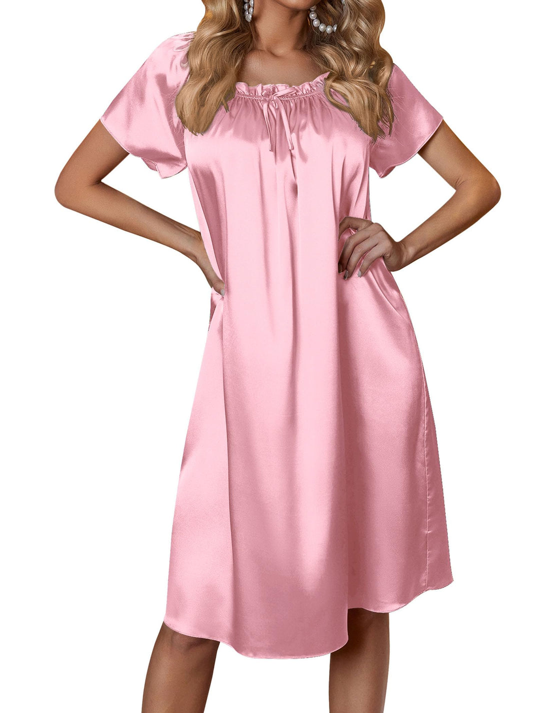 Ekouaer Women's Satin Silk Pleated Nightgown Loose Sleepwear Printed Nightshirt Short Sleeve Sleep Dress WEBE CLOTHING