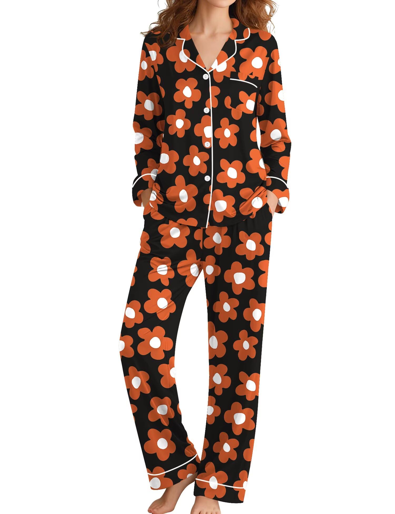 SWOMOG Womens Pajamas Set Long Sleeve Sleepwear Button Down Nightwear Soft Cotton Pj Lounge Sets