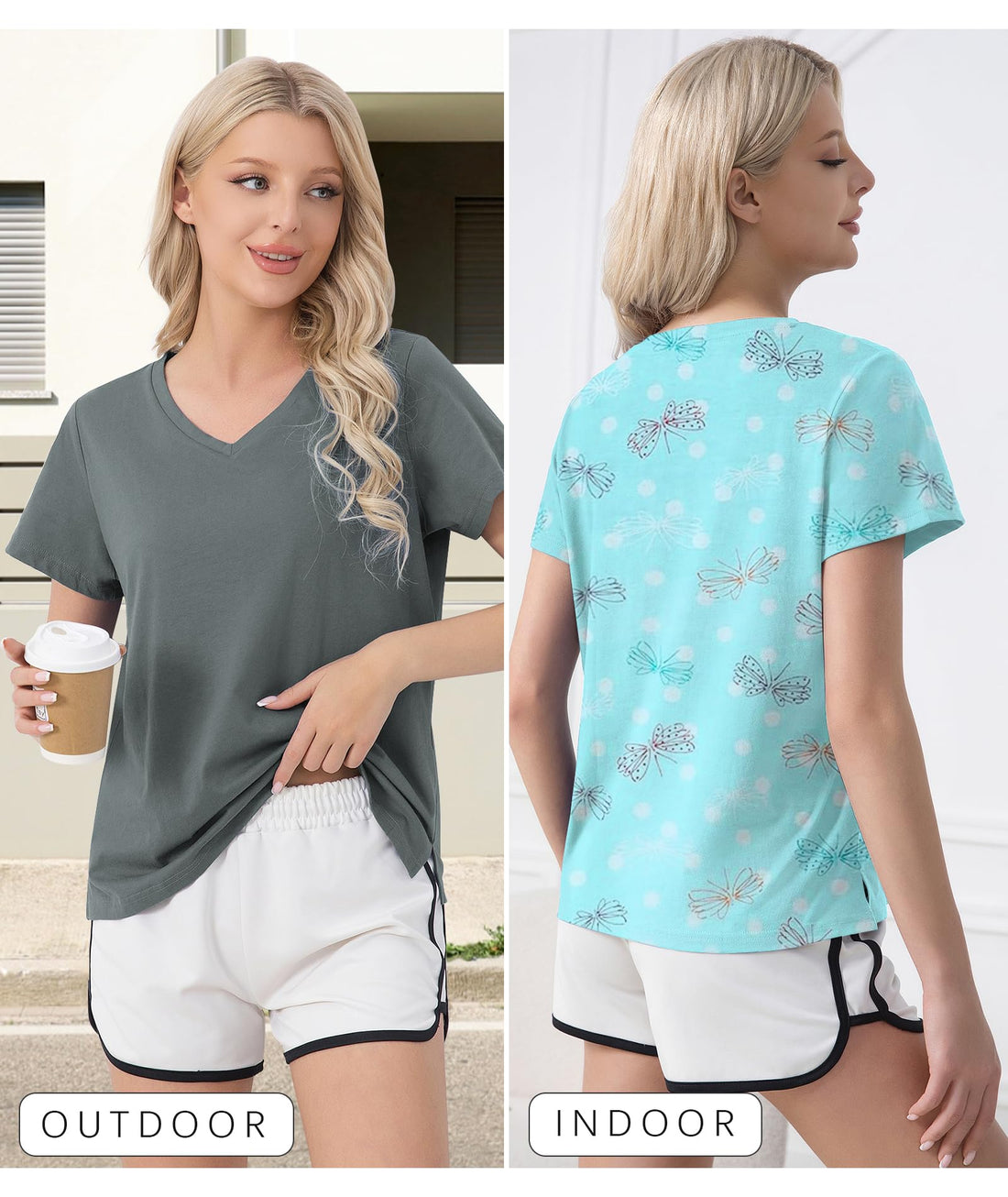 ENJOYNIGHT 2 Pack Womens Pajama Tops Cotton T-Shirt V-Neck Soft Sleep Pj Shirt Short Sleeves