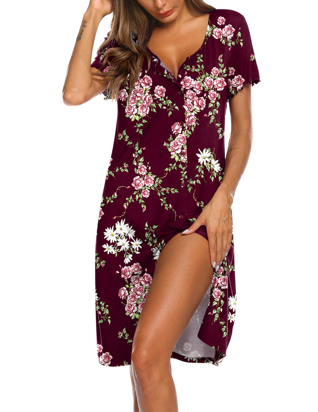 Ekouaer Women's Nightshirt Short Sleeve Button Down Nightgown V-Neck Sleepwear Pajama Dress