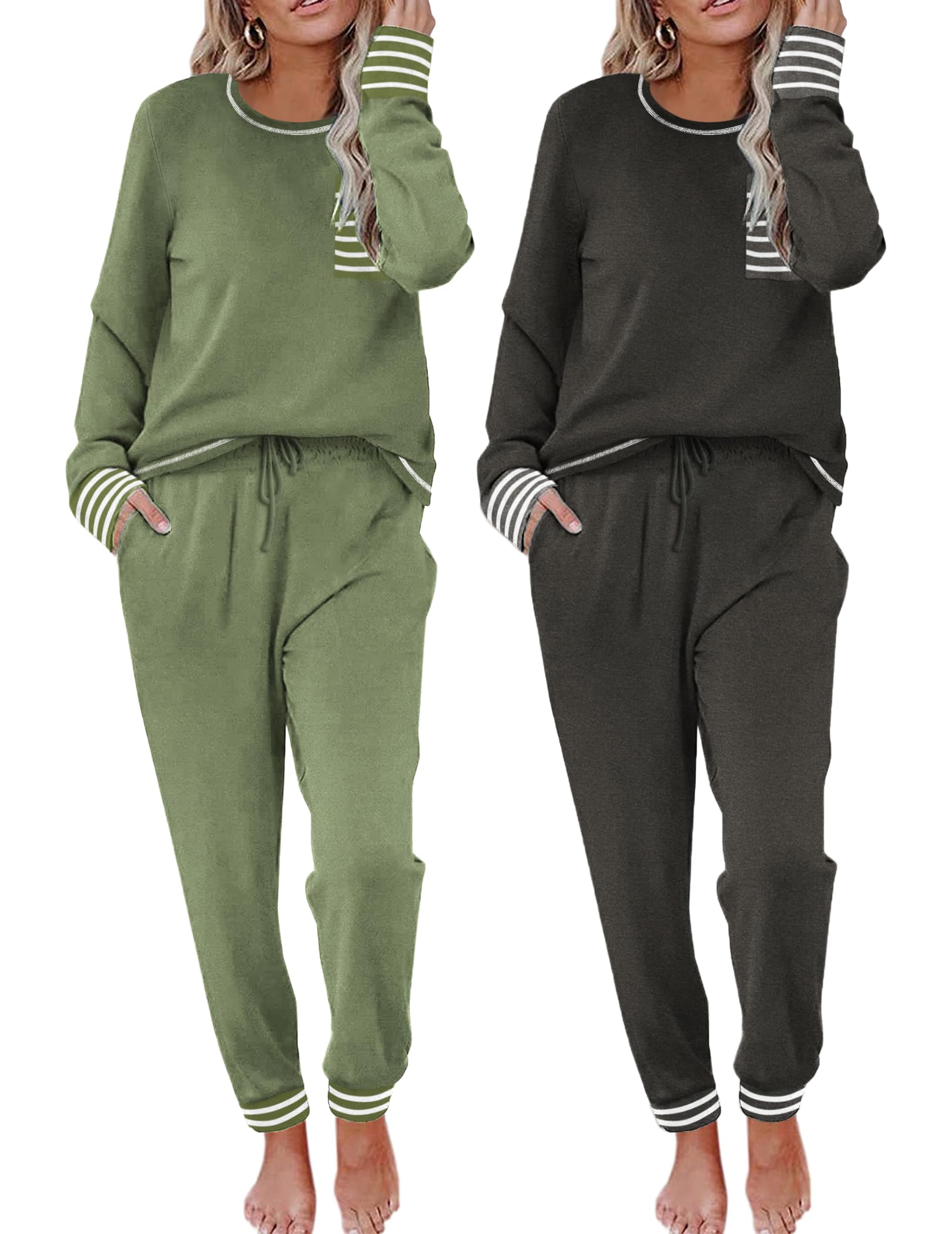 Ekouaer 2 Pack Womens Pajama Sets Long Sleeve Lounge Sets Soft Pj Sleepwear Loungewear