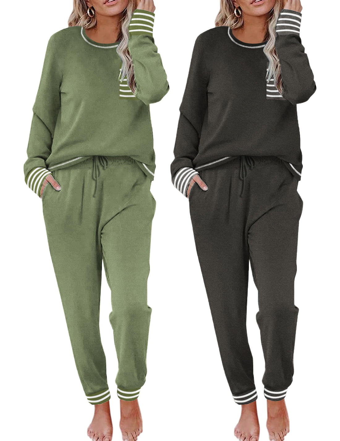 Ekouaer 2 Pack Womens Pajama Sets Long Sleeve Lounge Sets Soft Pj Sleepwear Loungewear