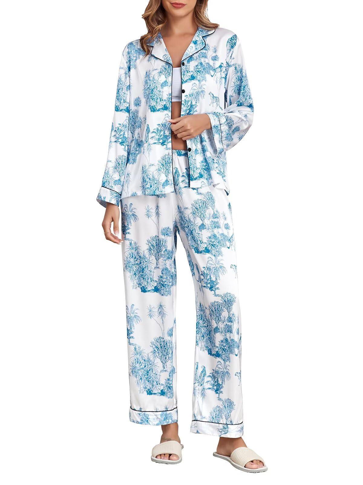 Brosloth Women's Silk Satin Pajamas Long Sleeve Button Up Loungewear Set | Button Down Animal Print Pajamas, Ladies Fancy Pajama sets, Two Piece Lounge Set, Notch Collar Lightweight Sleepwear, Gift WEBE CLOTHING