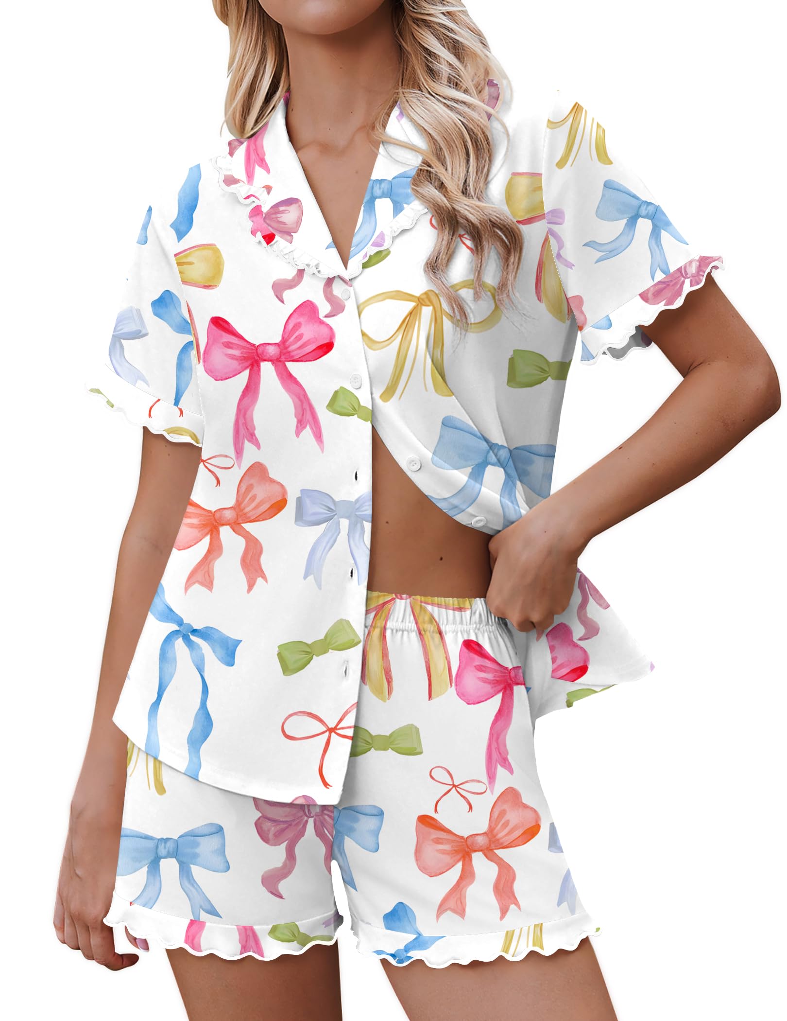 Ekouaer Pajamas for Women Sets Cute Pjs Button Down 2 Piece Short Sleeve Ruffle Lounge Set Sleepwear WEBE CLOTHING