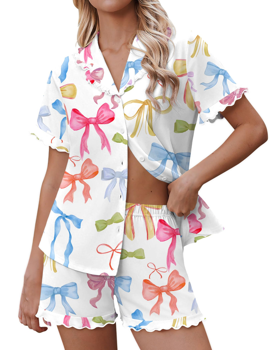 Ekouaer Pajamas for Women Sets Cute Pjs Button Down 2 Piece Short Sleeve Ruffle Lounge Set Sleepwear WEBE CLOTHING