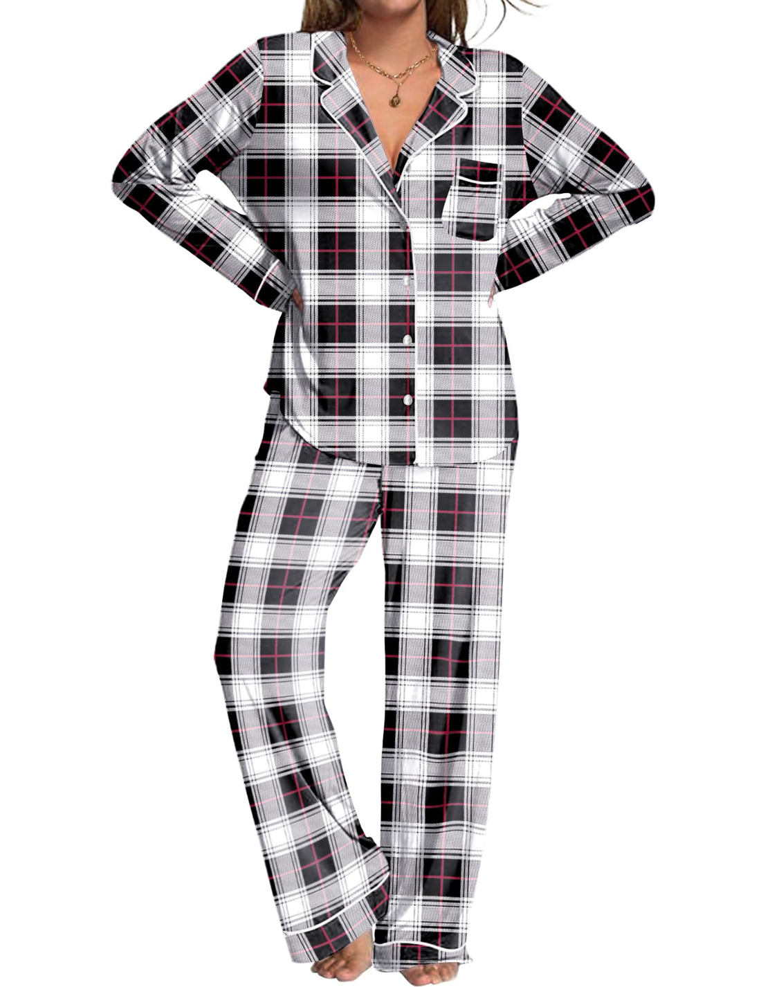 Ekouaer Womens Pajamas Set 2 Piece Button Down Pjs Soft Long Sleeve Top and Pants Sleepwear Set Lounge Sets