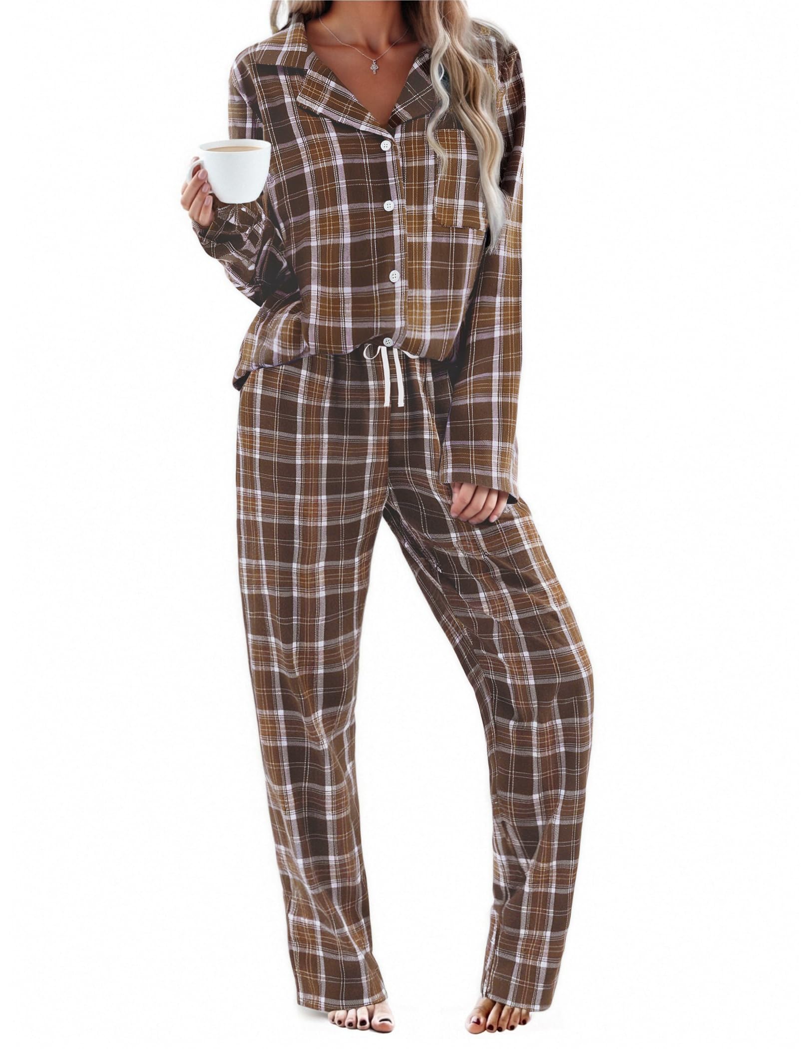 Ekouaer Womens Pajama Sets 2 Piece Cotton Plaid Pjs Long Sleeve Sleepwear Button Down Lounge Set with Pockets