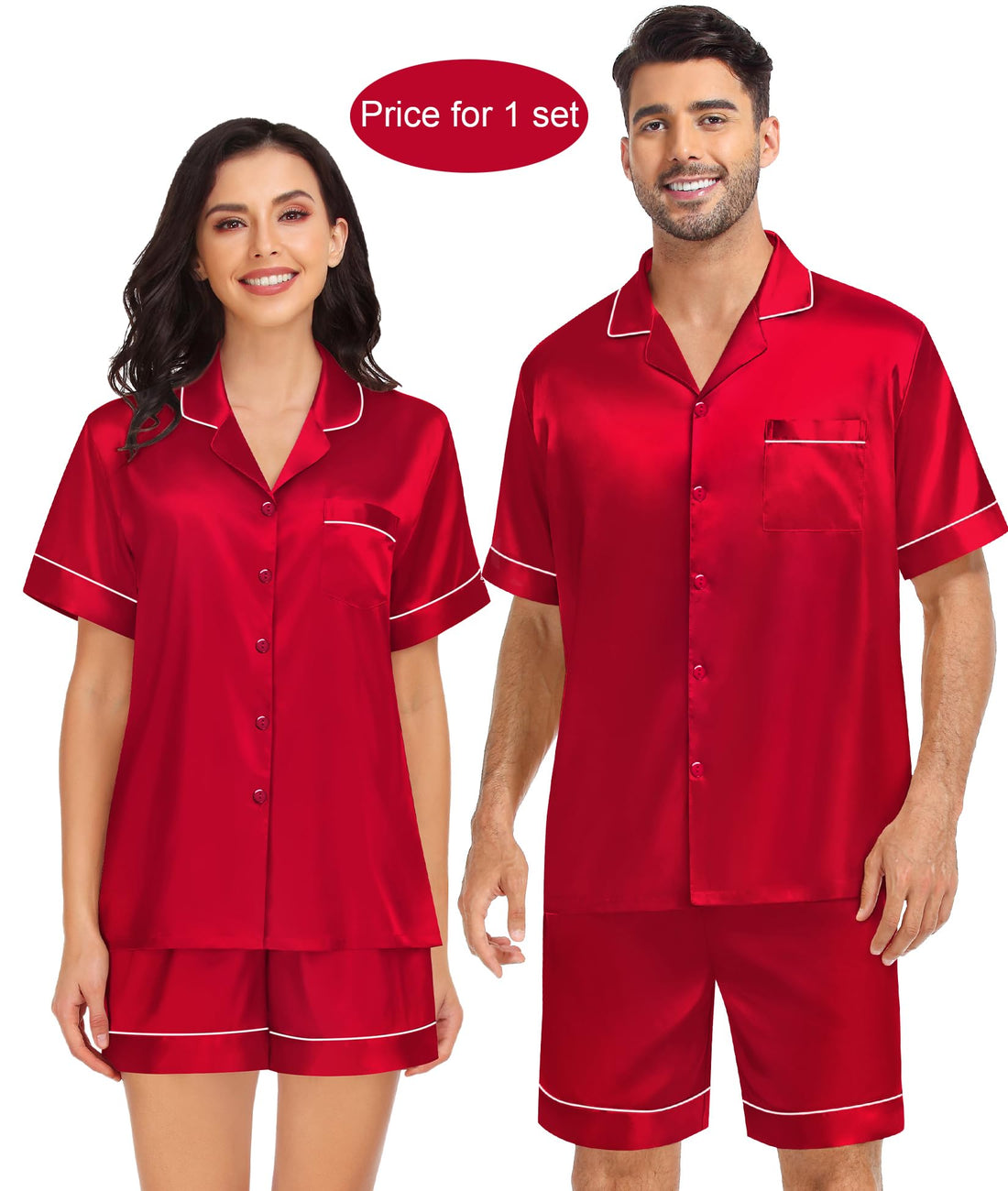 SWOMOG Couples Matching Pajamas Set Satin Short Sleeve Button Down Tops Silk Shorts Pj Lounge Set Soft Sleepwear
