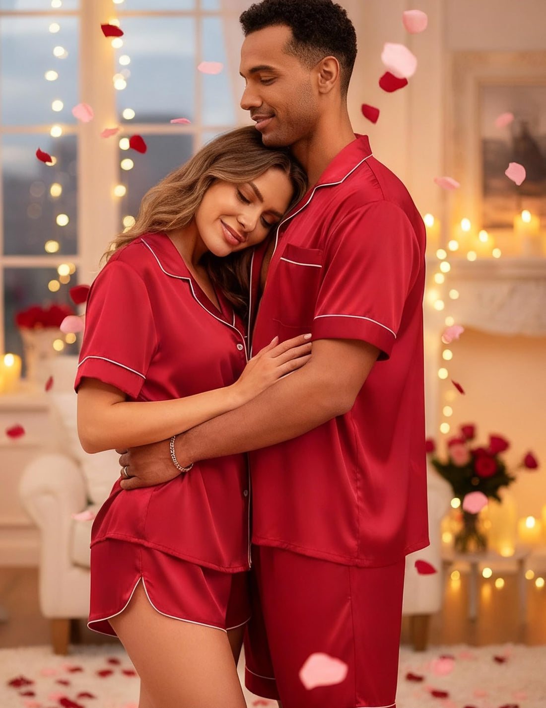 Ekouaer Silk Satin Matching Pajamas Sets Couple Button Down Nightwear Women & Men Short Sleeve Sleepwear 2 Pieces Loungewear
