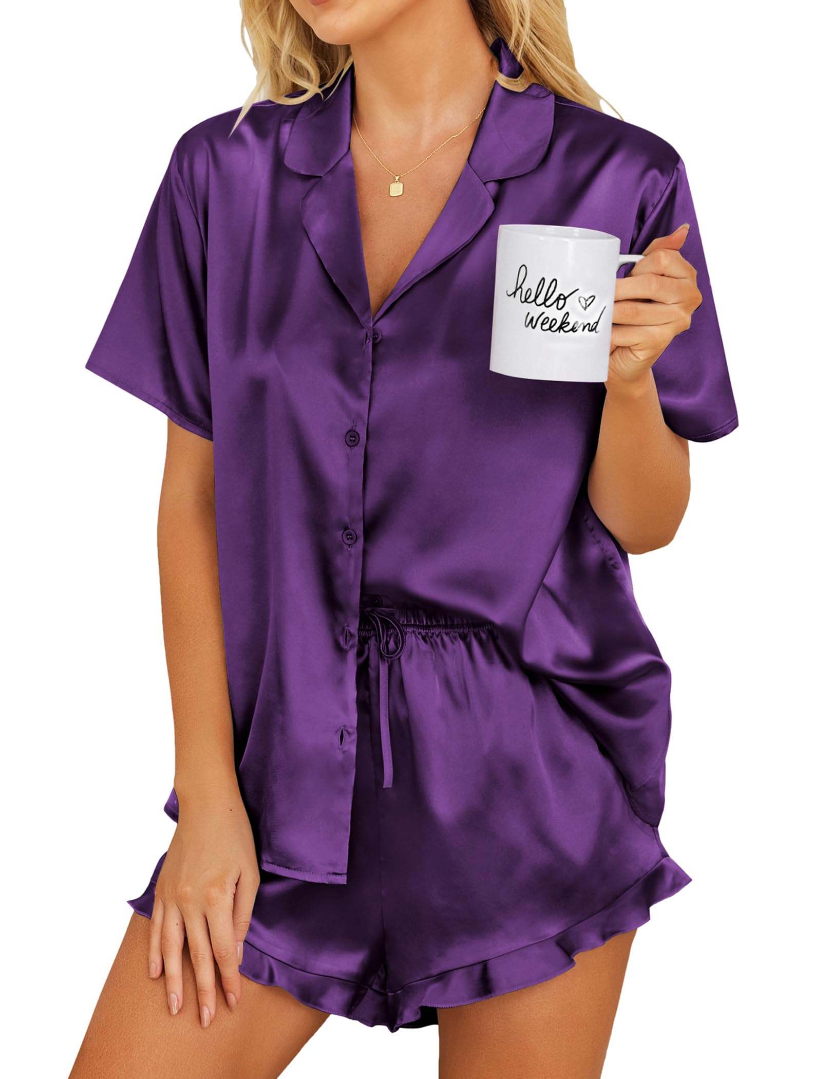 Ekouaer Womens Satin Pajamas Set Button Down 2 Piece Silk Pjs Shorts Set Ruffle Lingerie Notch Collar Sleepwear