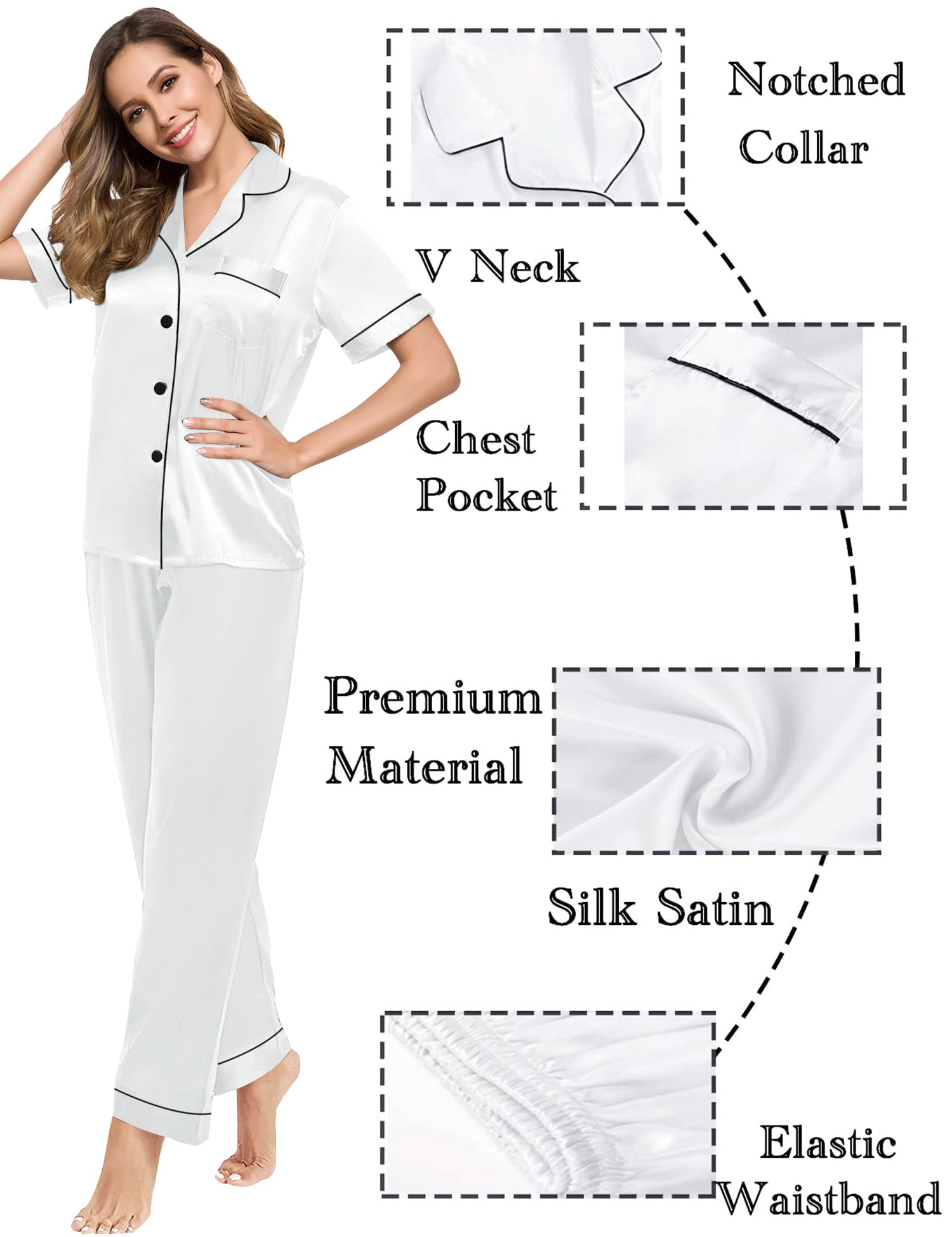 SWOMOG Couples Pajamas Sets Women & Men Satin Short Sleeve Sleepwear Button Down Loungewear Pjs Set with Long Pants