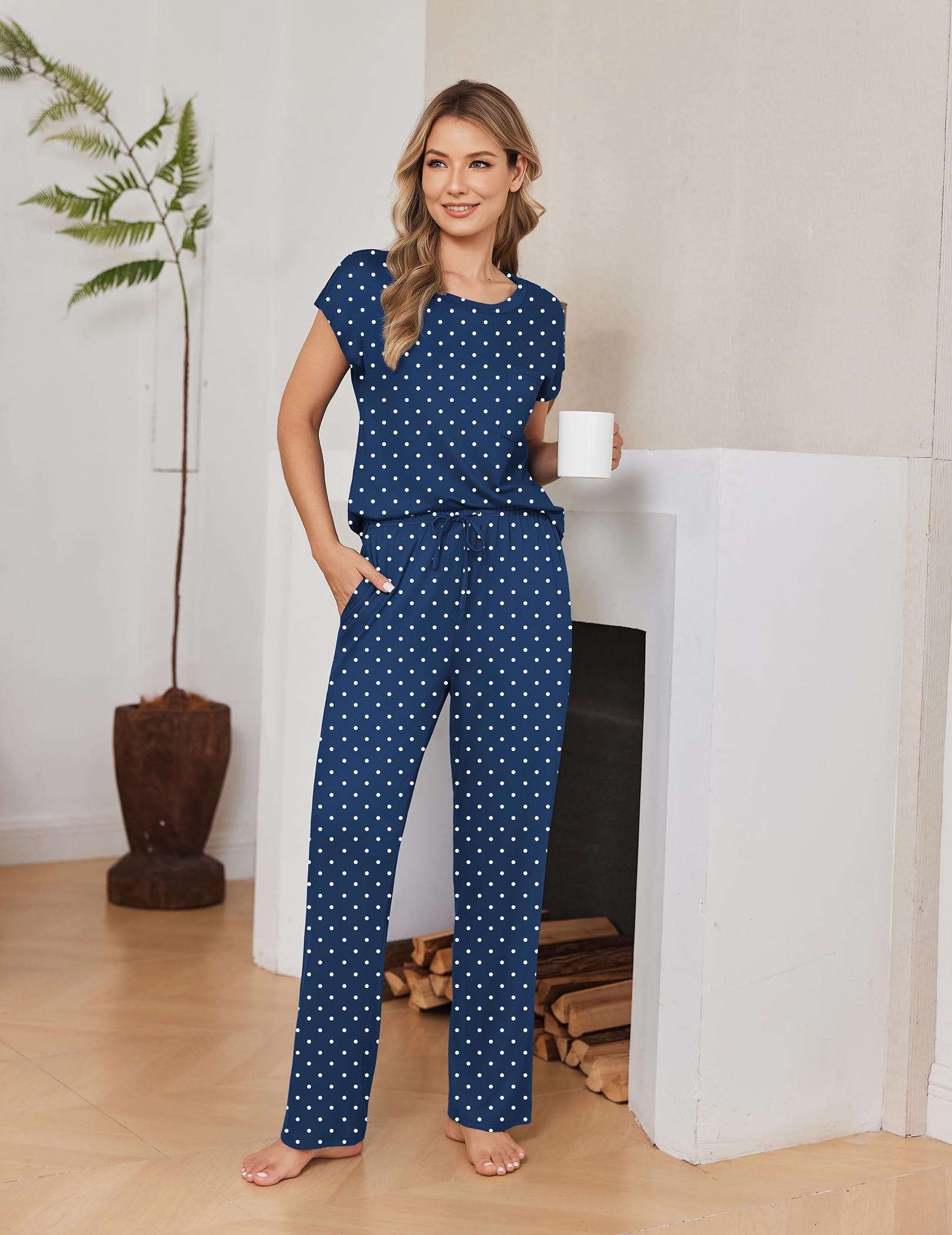 Ekouaer 2 Packs Pajamas for Women Set Cap Sleeve Top and Pants Soft Sleepwear Comfy Pjs Set with Pockets Loungewear