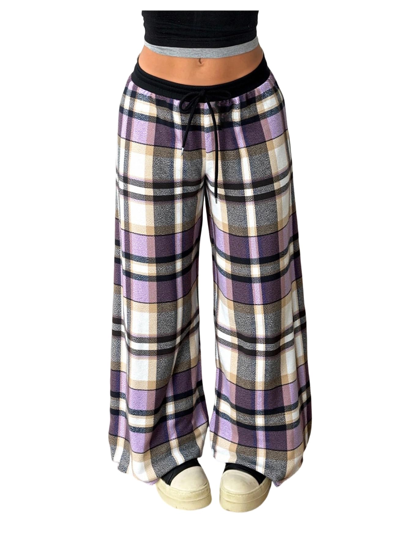 SOLY HUX Women's Plaid Checkered Pants Flannel Pajama Pants Lounge Wide Leg Baggy Sweatpants with Pockets