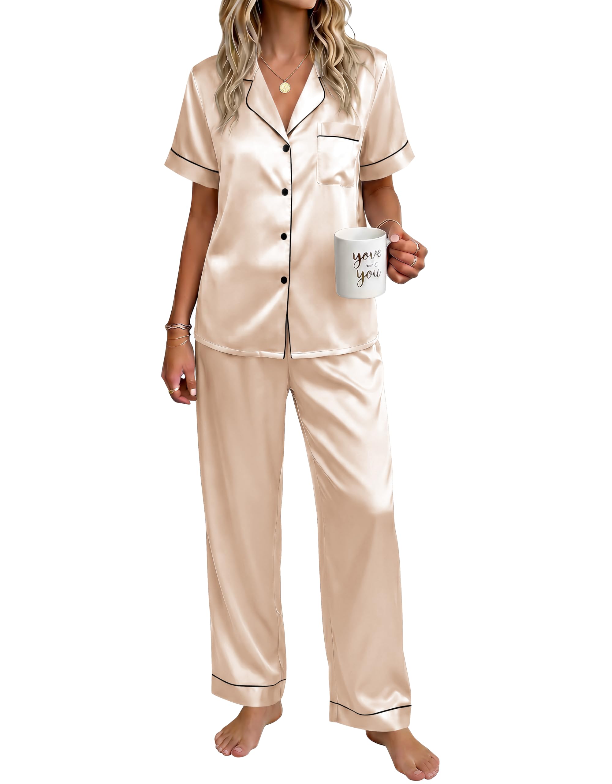 Ekouaer Womens Silky Satin Pajamas Set Short Sleeve Button Down Sleepwear 2 Piece Lounge Set Pj Set WEBE CLOTHING