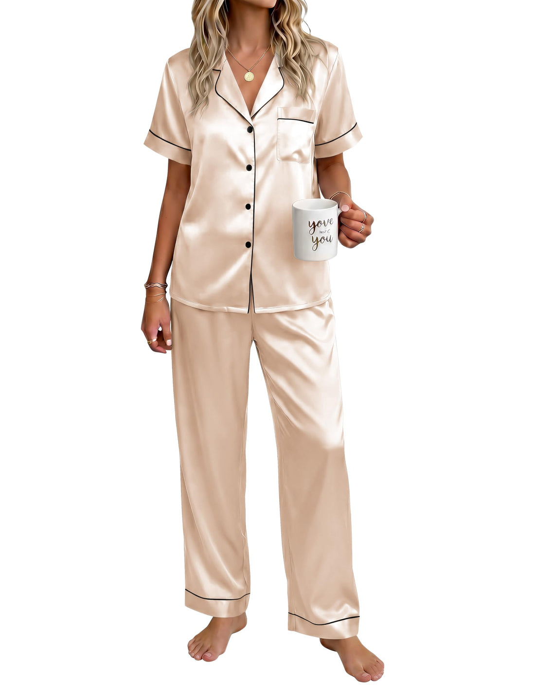 Ekouaer Womens Silky Satin Pajamas Set Short Sleeve Button Down Sleepwear 2 Piece Lounge Set Pj Set WEBE CLOTHING